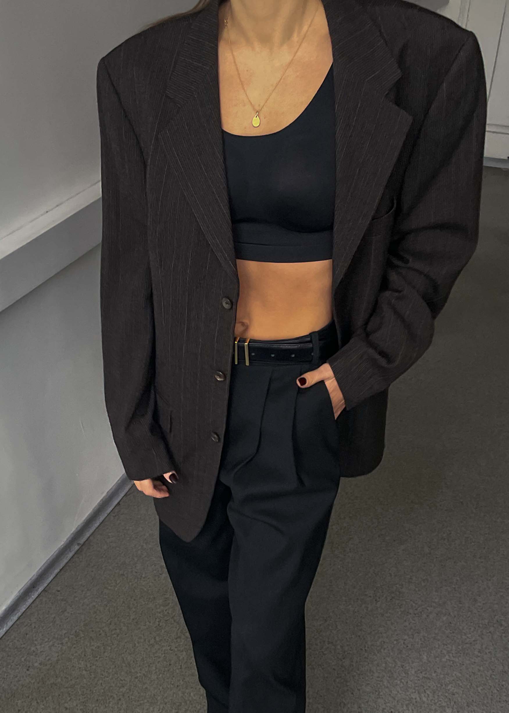 Vintage Dark Brown Striped Oversized 100% WOOL Blazer