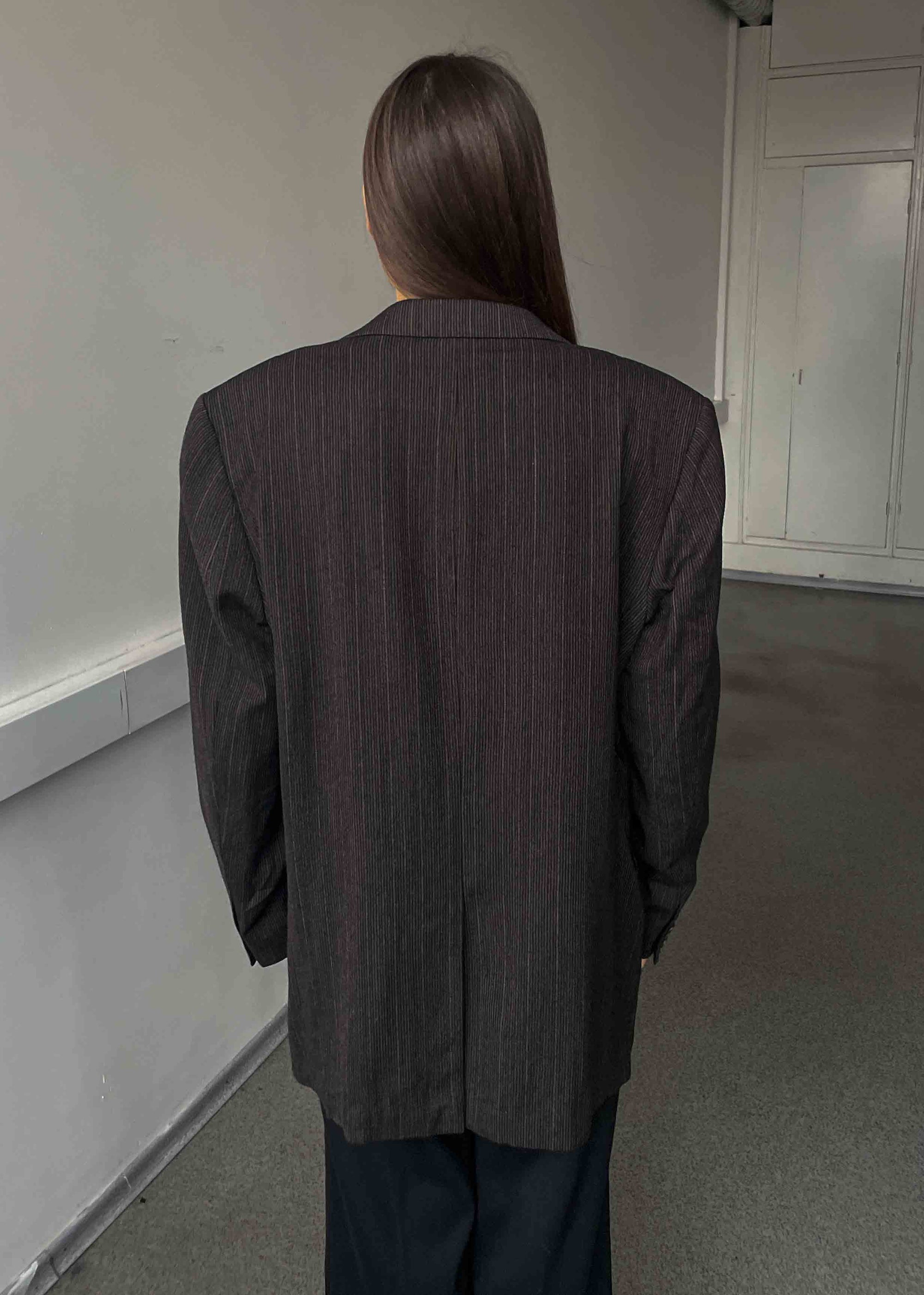 Vintage Dark Brown Striped Oversized 100% WOOL Blazer