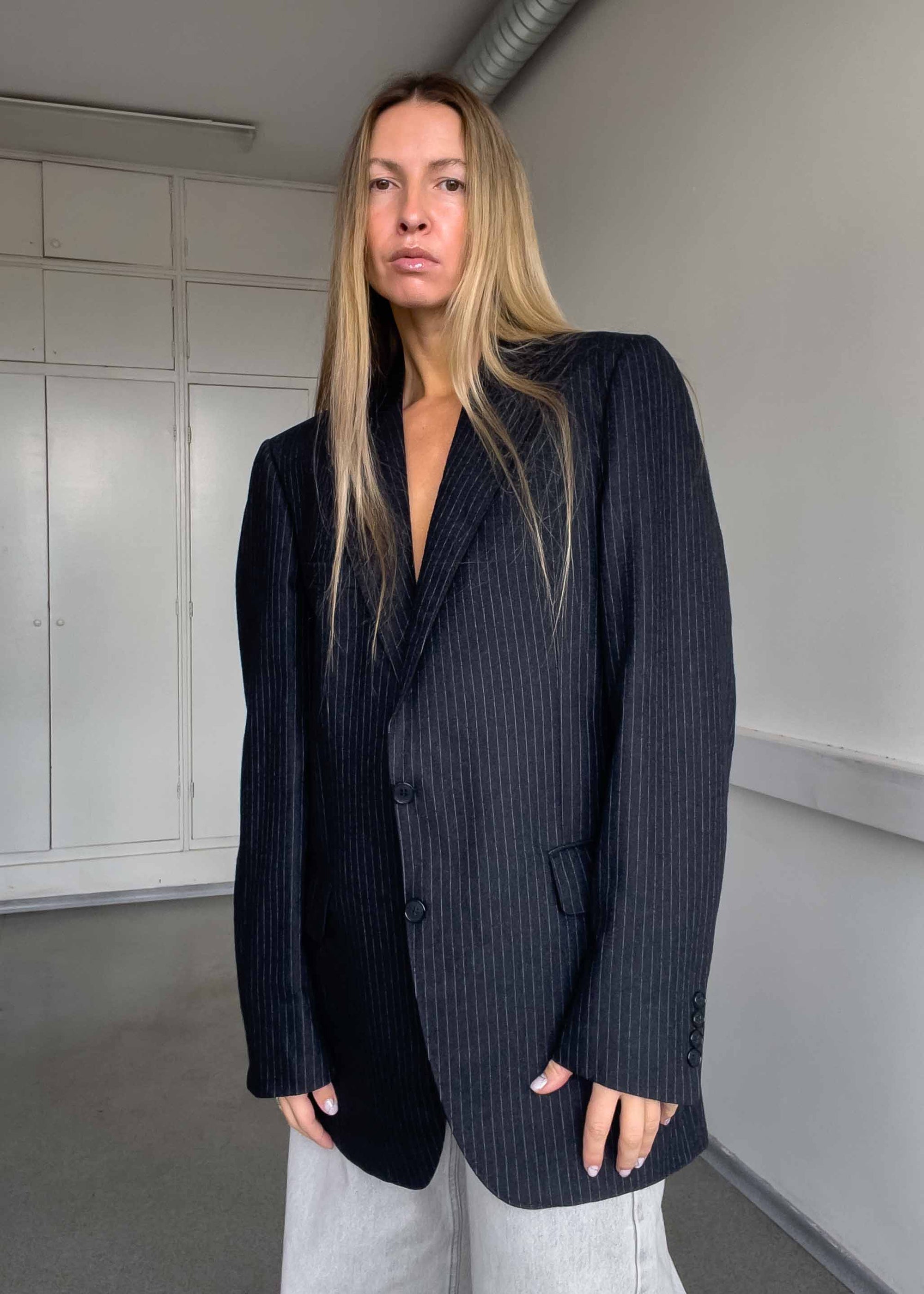 Vintage Dark Grey Stripy Oversized Thick Blazer
