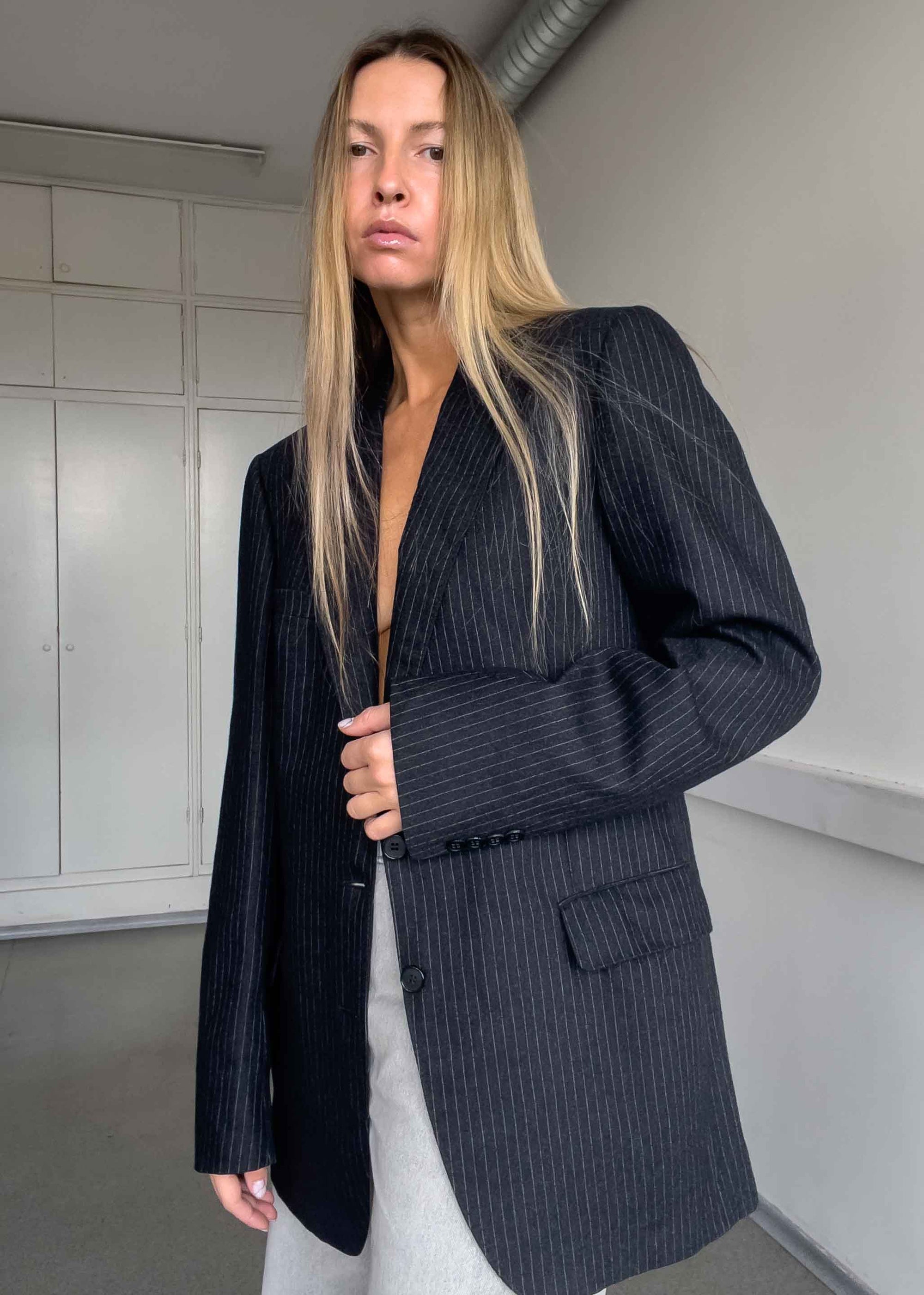 Vintage Dark Grey Stripy Oversized Thick Blazer