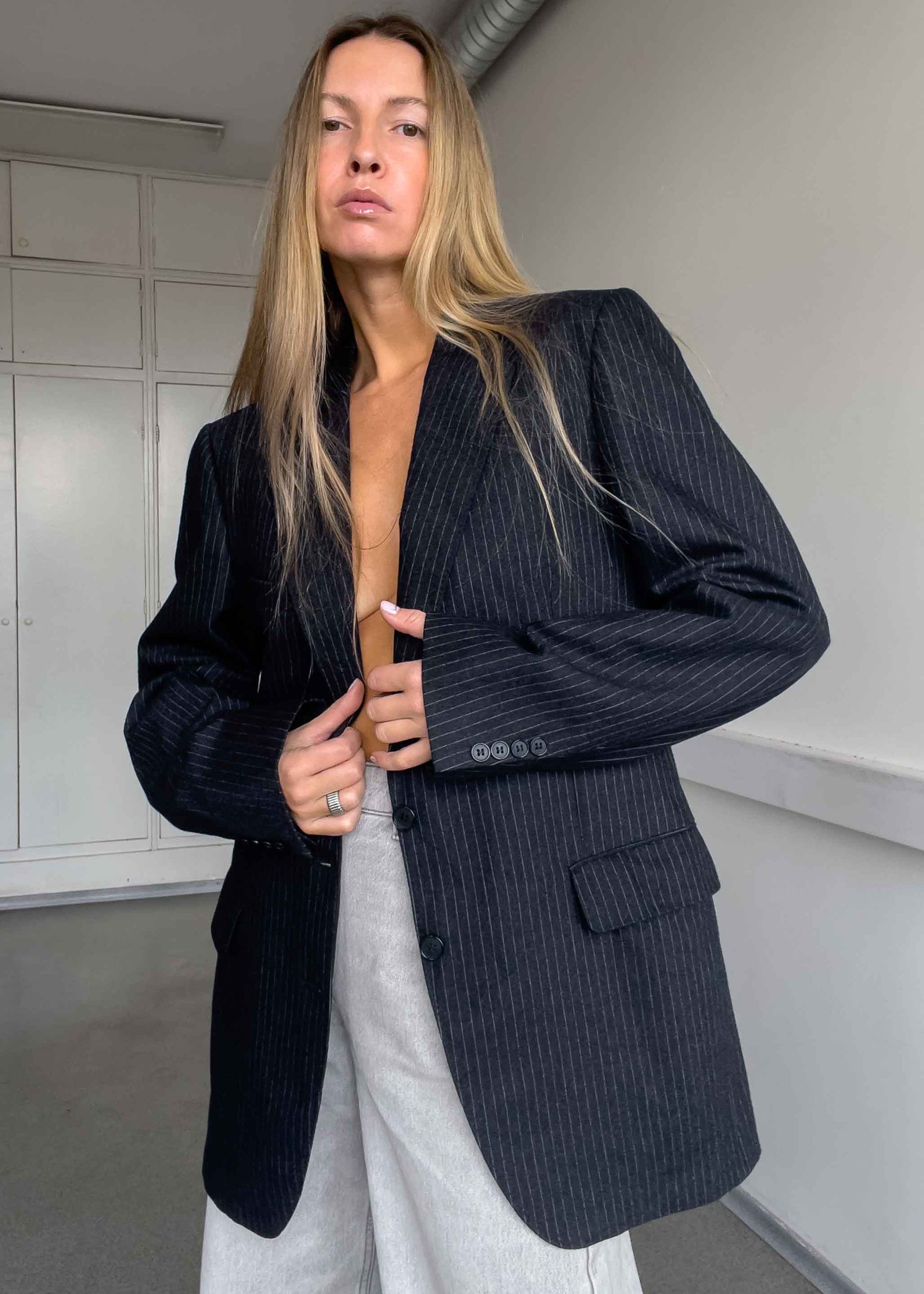 Vintage Dark Grey Stripy Oversized Thick Blazer