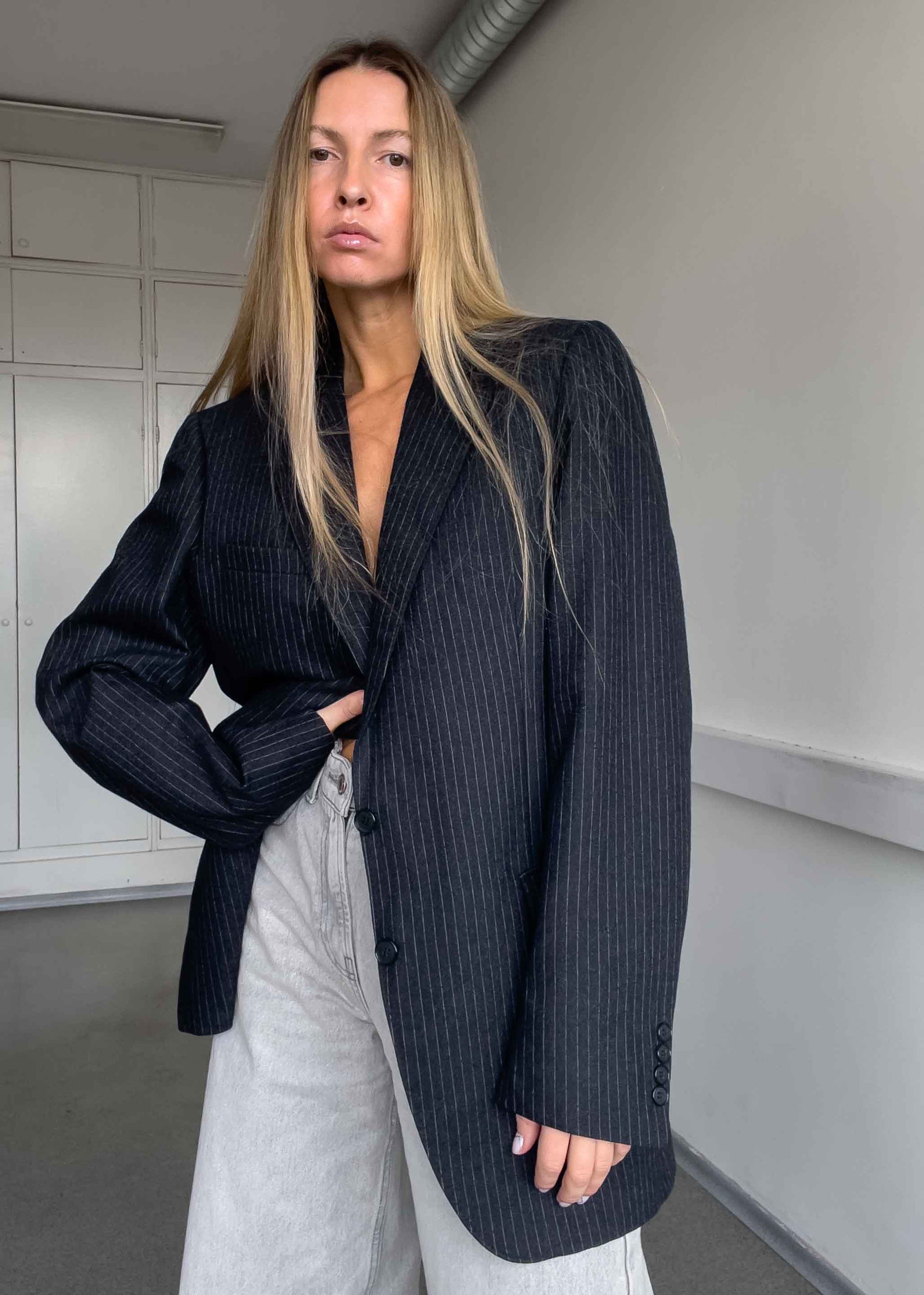 Vintage Dark Grey Stripy Oversized Thick Blazer