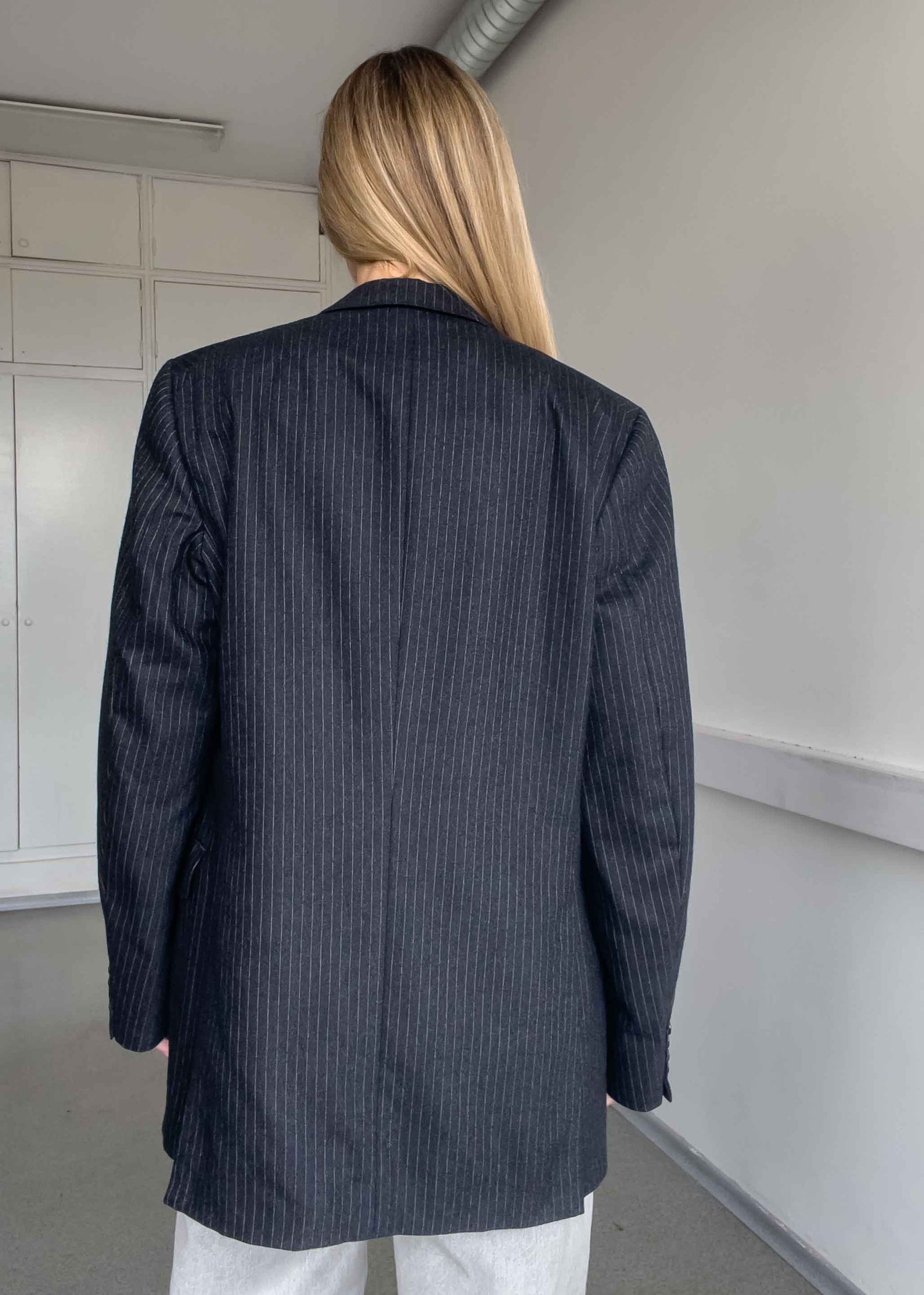 Vintage Dark Grey Stripy Oversized Thick Blazer