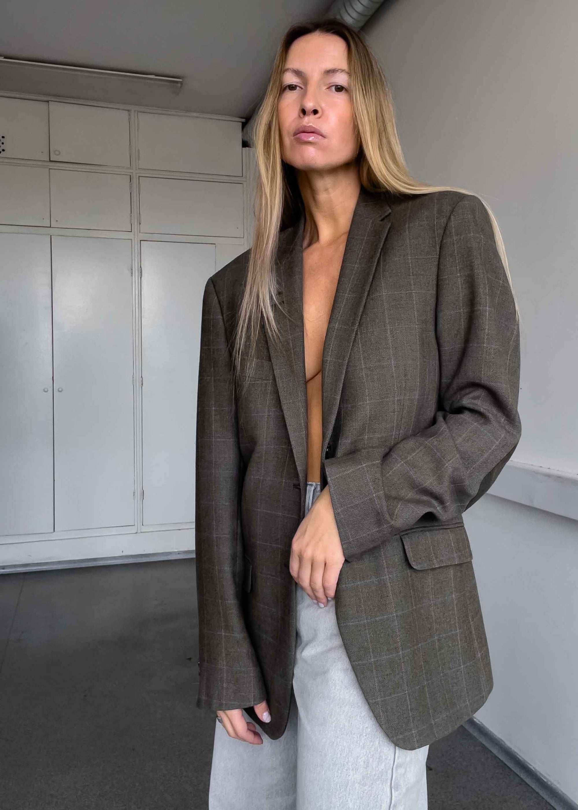 Vintage Green Checked Oversized Blazer