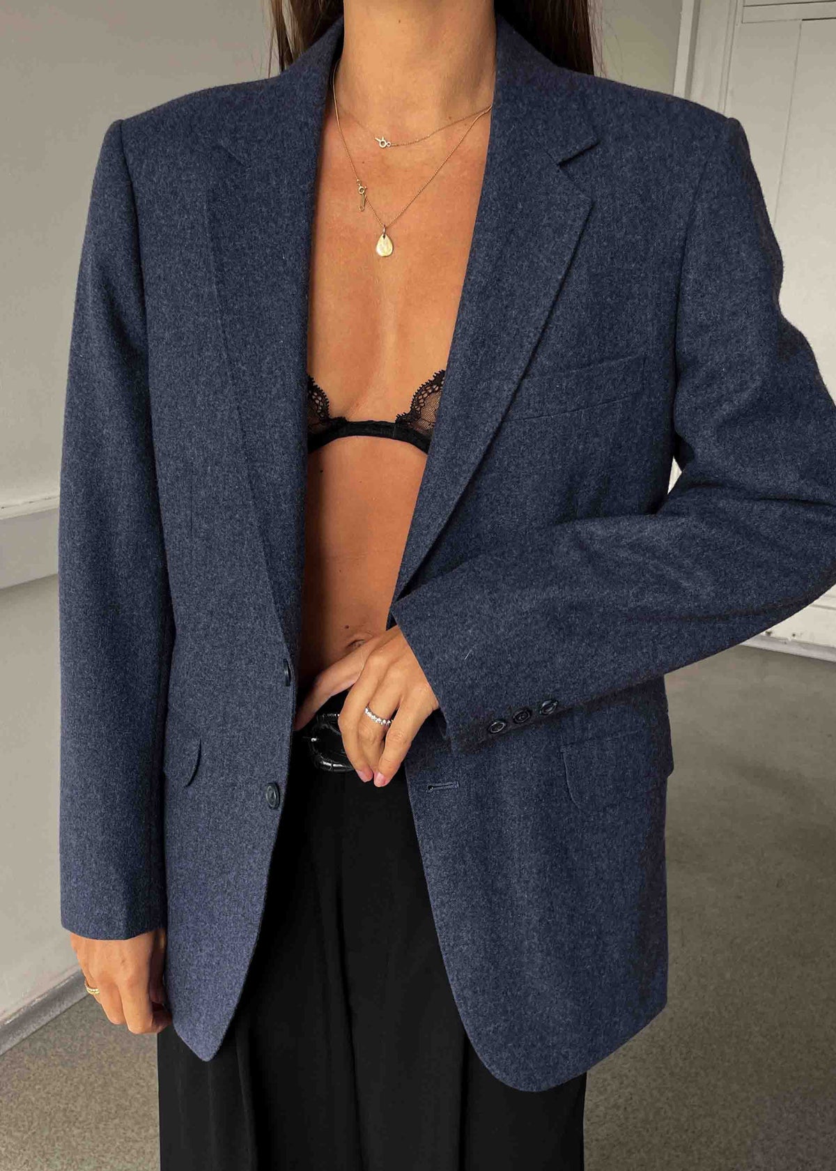 Vintage Blue Brushed Wool Oversized Blazer