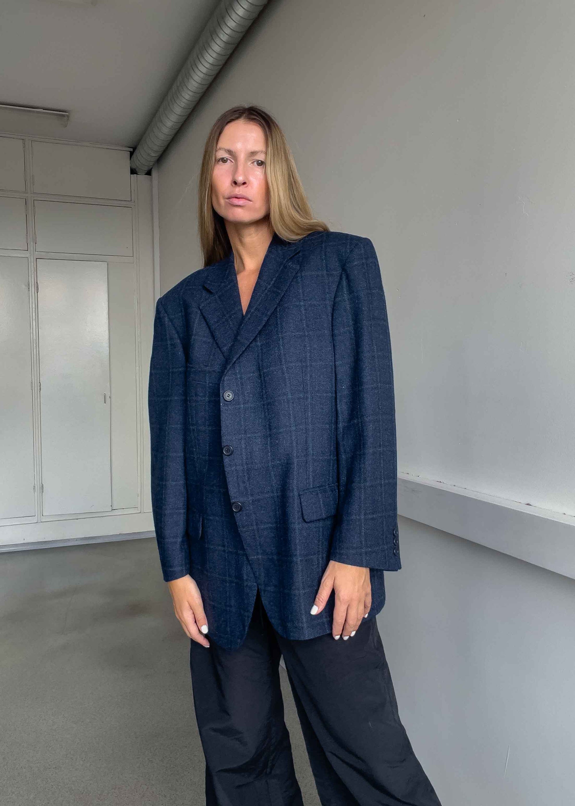 Vintage Blue Checked Oversized Blazer