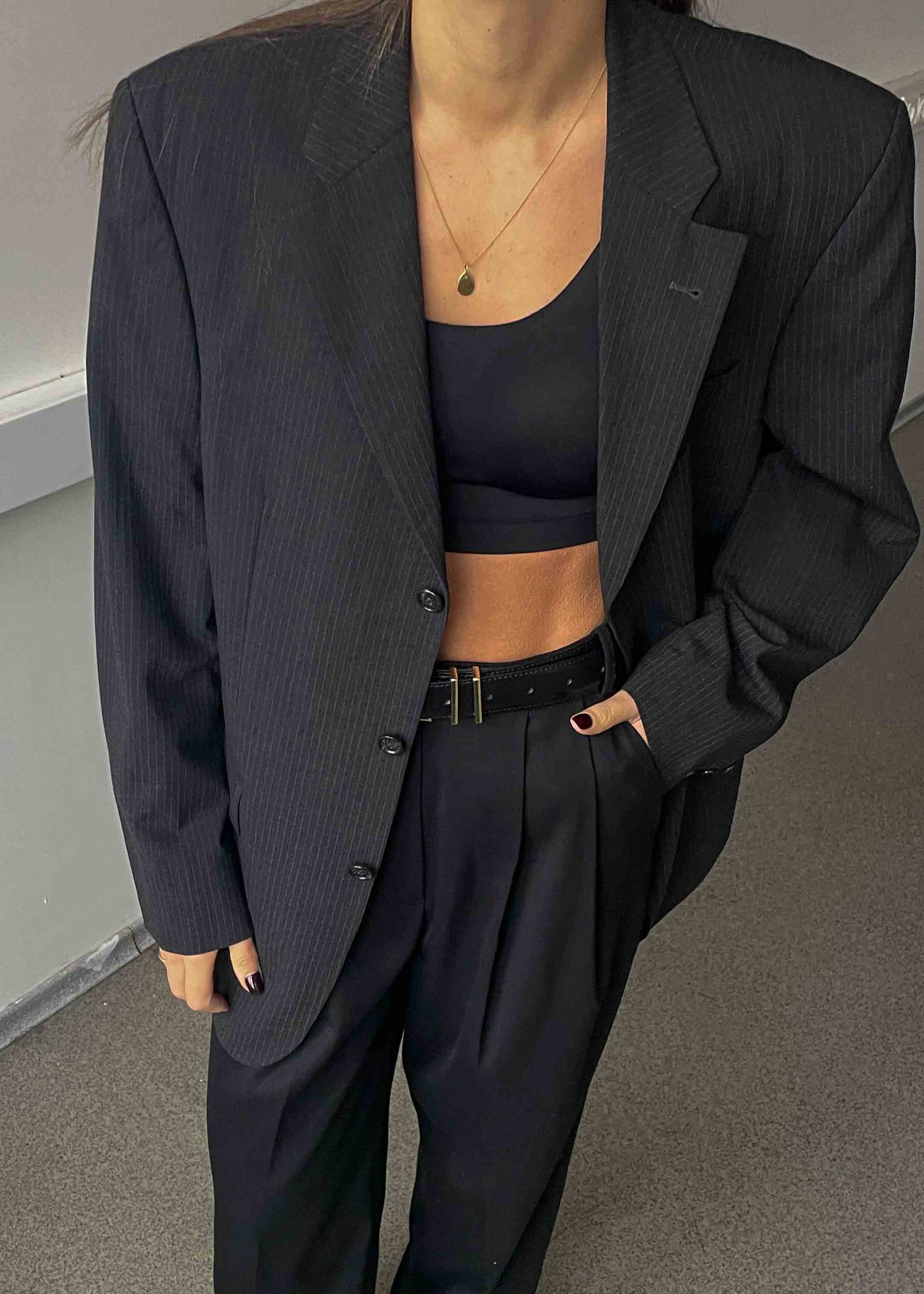 Vintage Dark Grey Striped Oversized Blazer