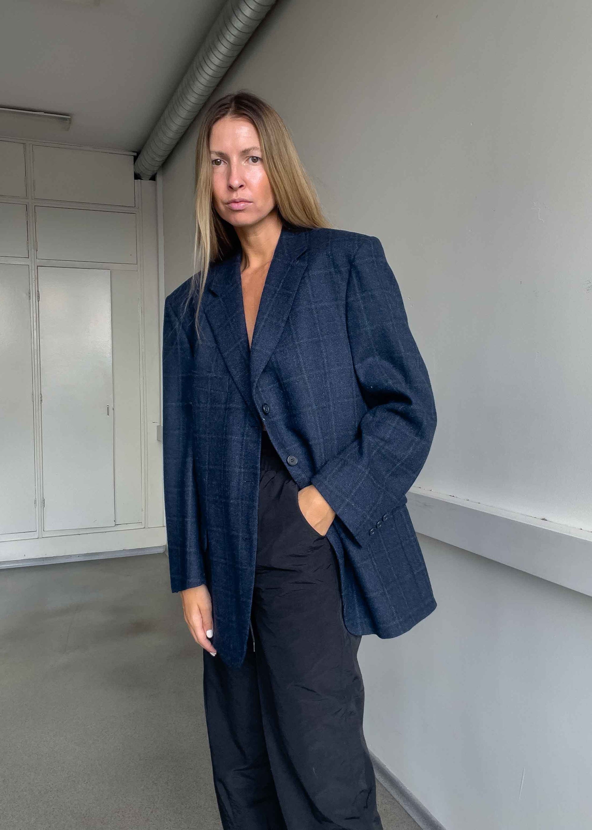 Vintage Blue Checked Oversized Blazer