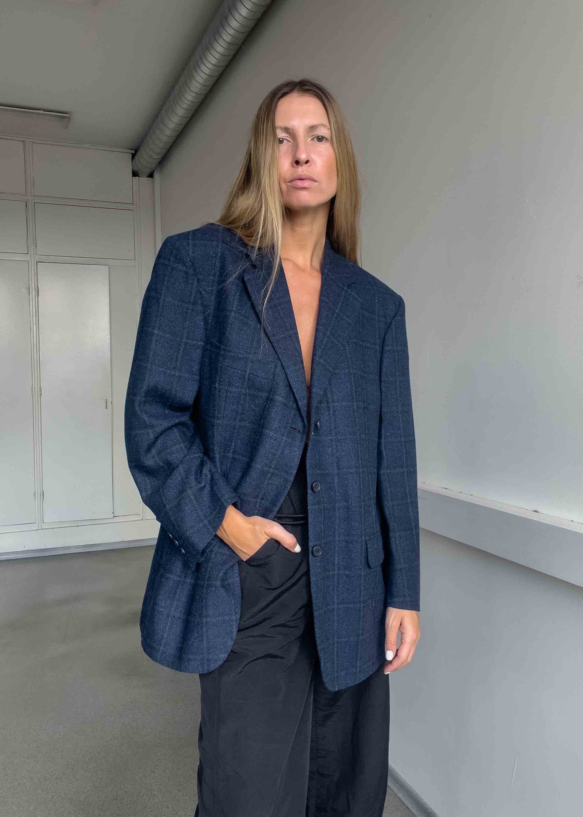 Vintage Blue Checked Oversized Blazer