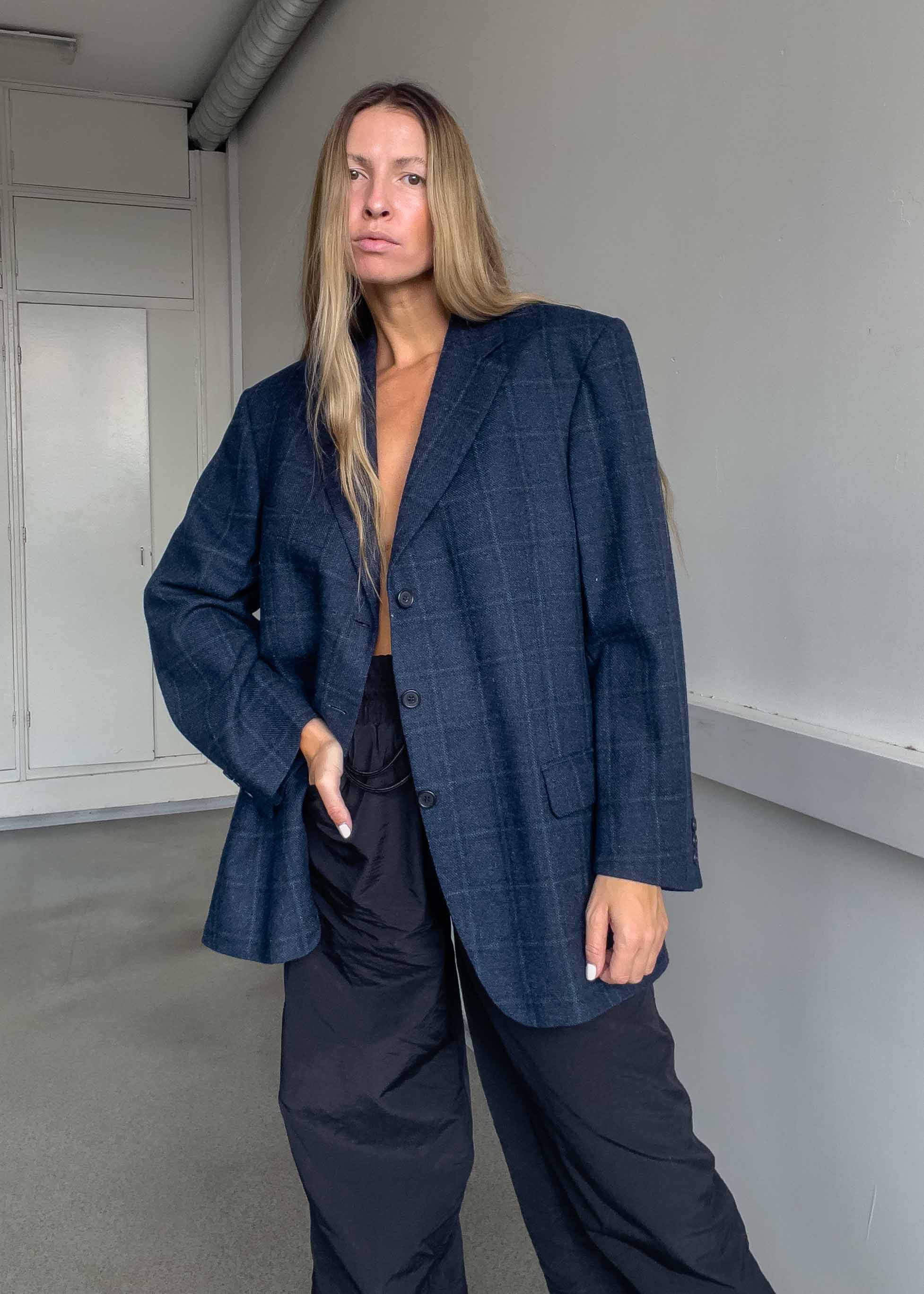 Vintage Blue Checked Oversized Blazer