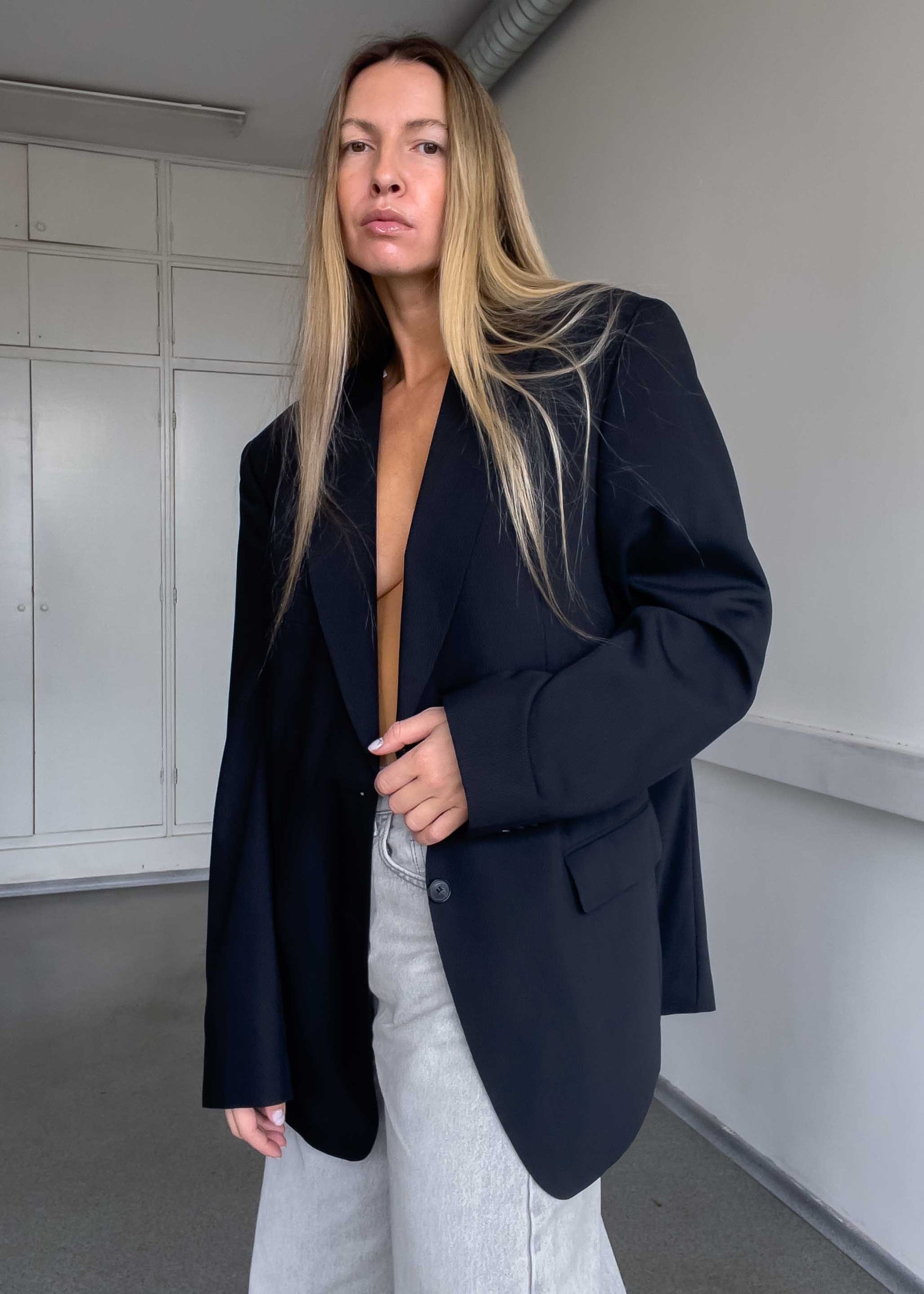 Vintage Black Stripy Oversized Blazer