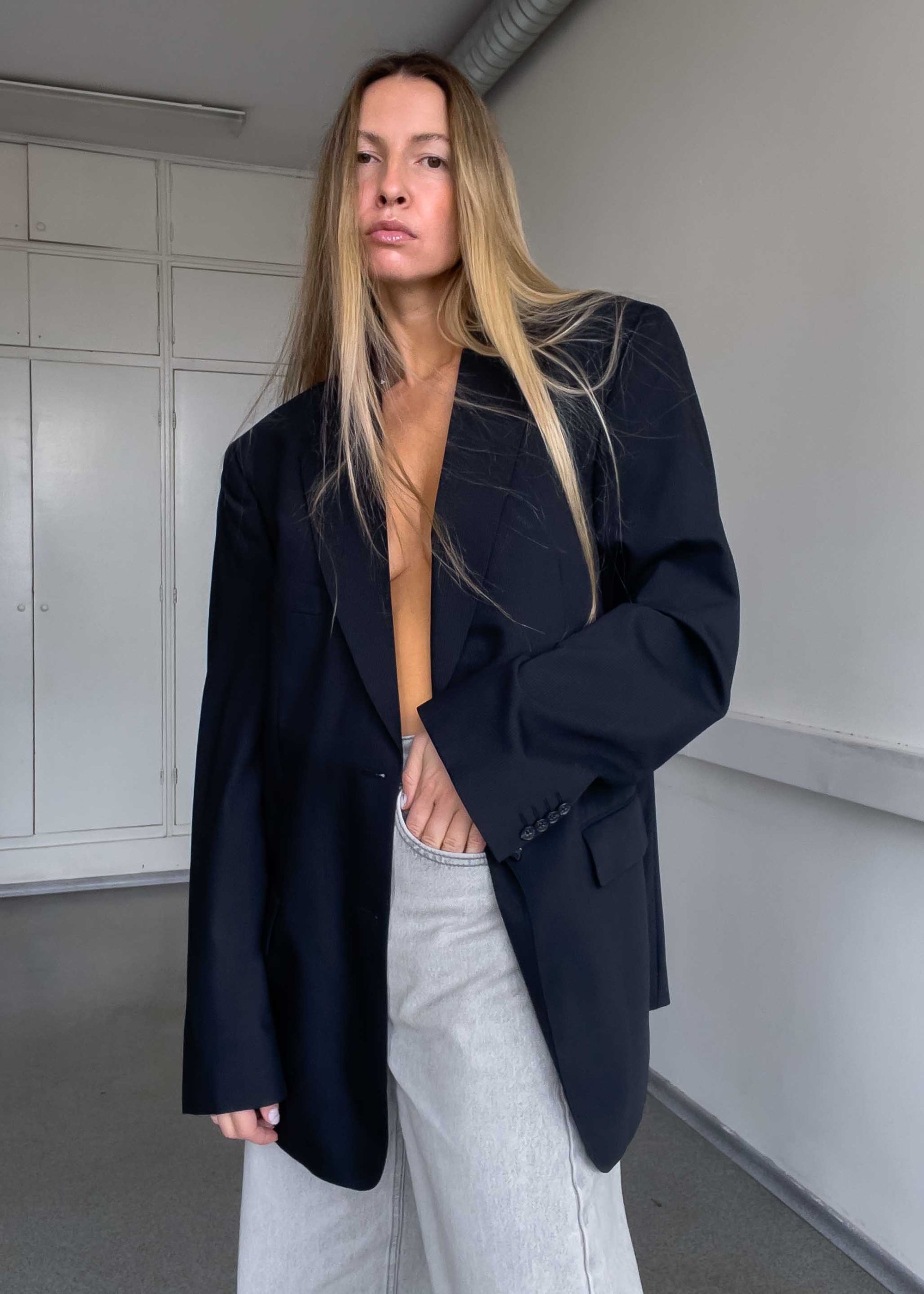 Vintage Black Stripy Oversized Blazer