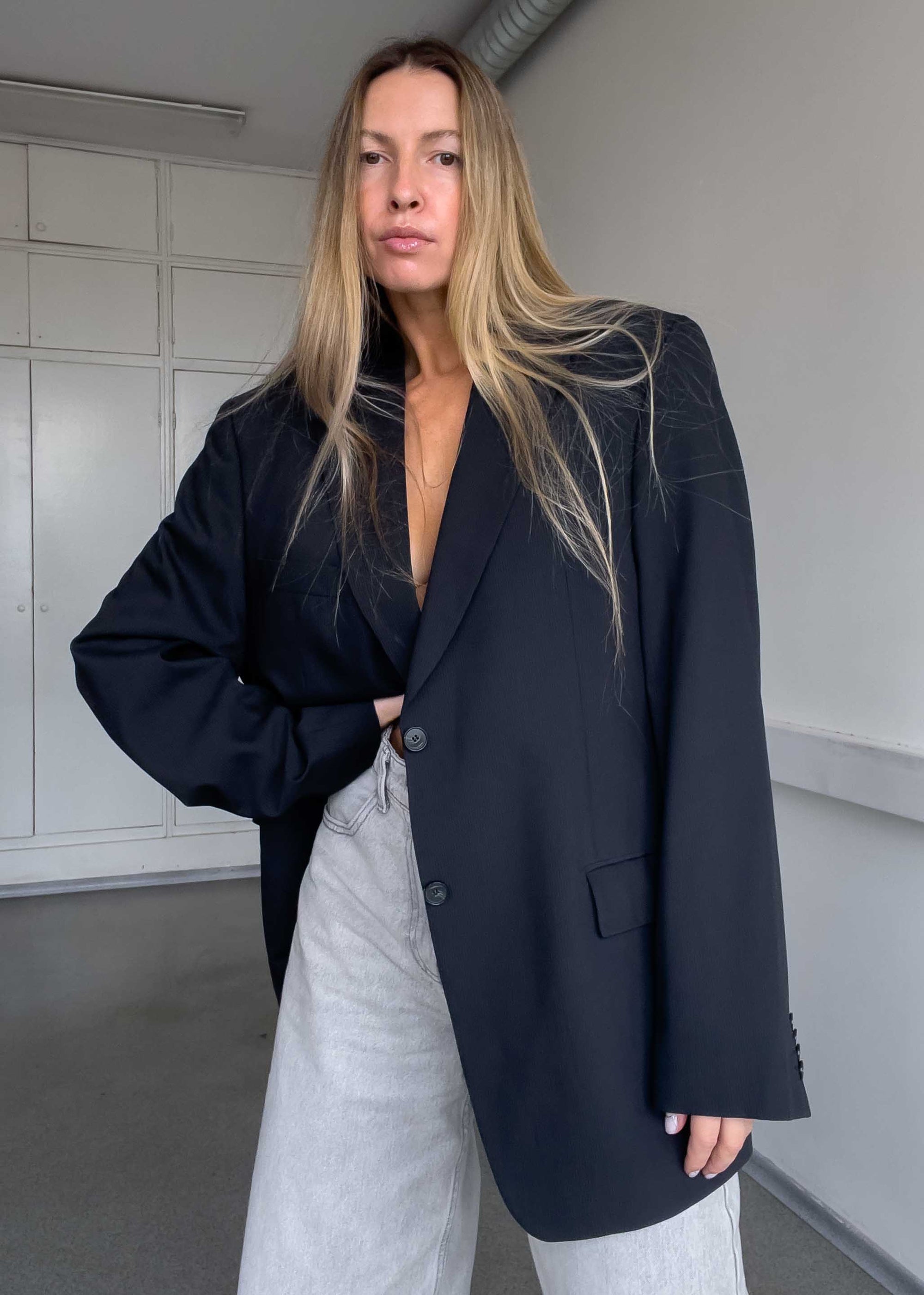 Vintage Black Stripy Oversized Blazer