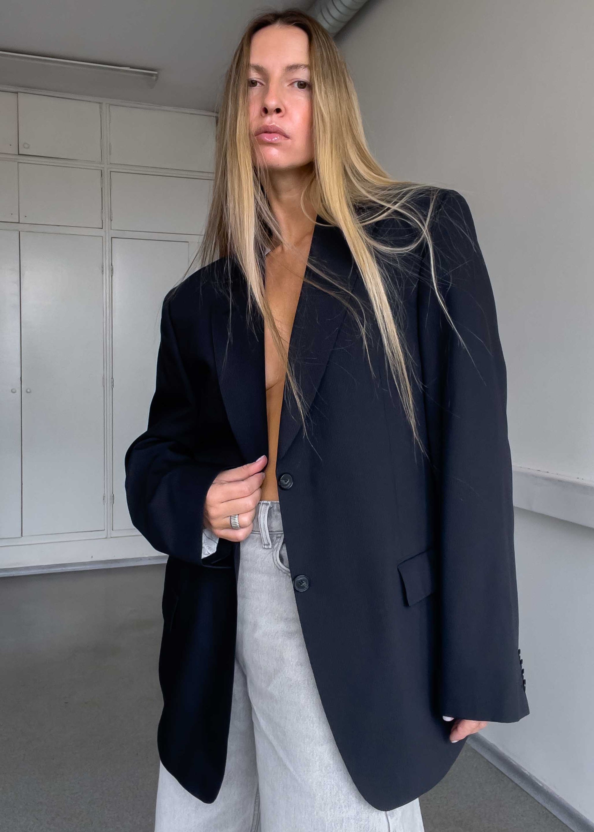 Vintage Black Stripy Oversized Blazer