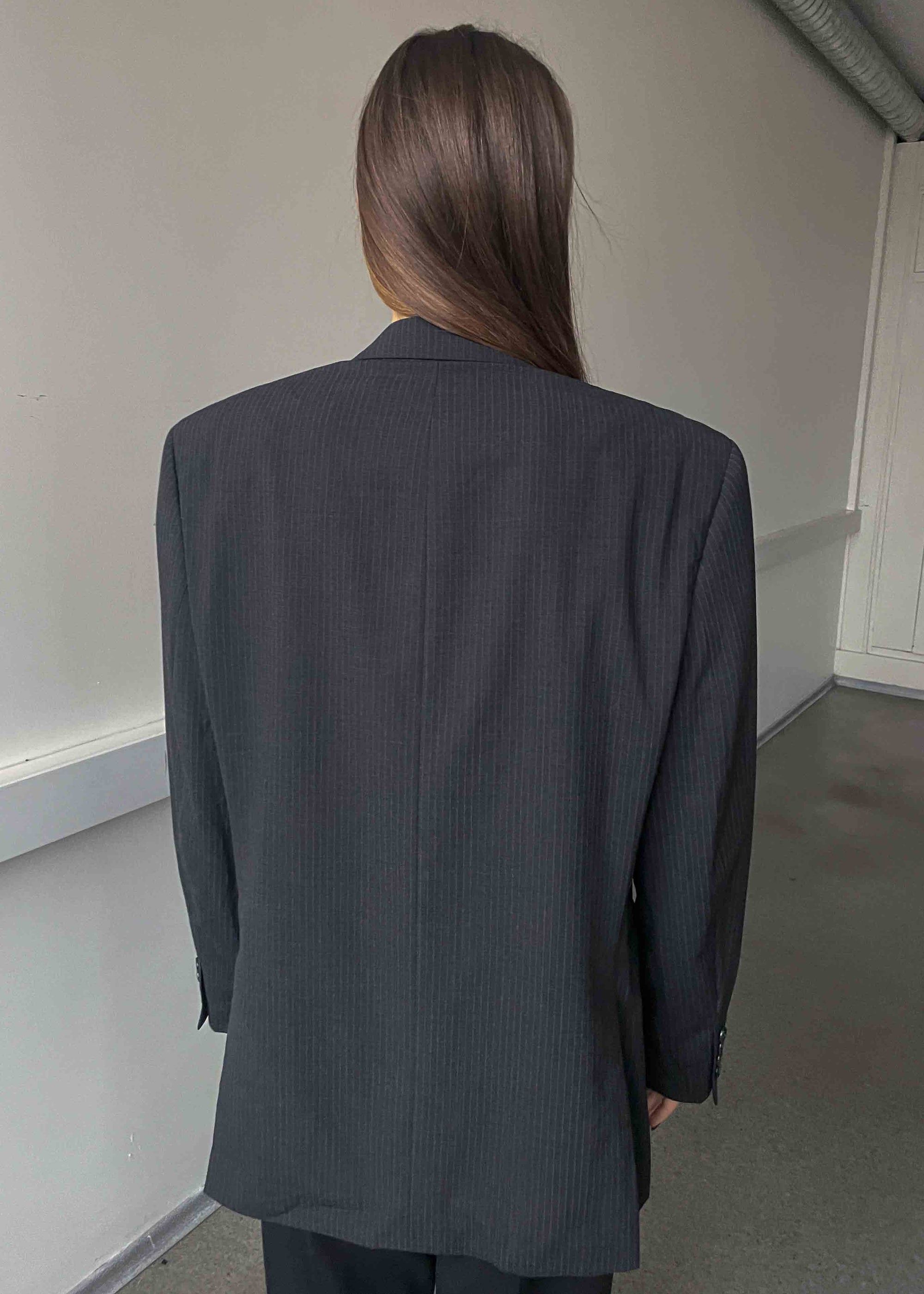 Vintage Dark Grey Striped Oversized Blazer