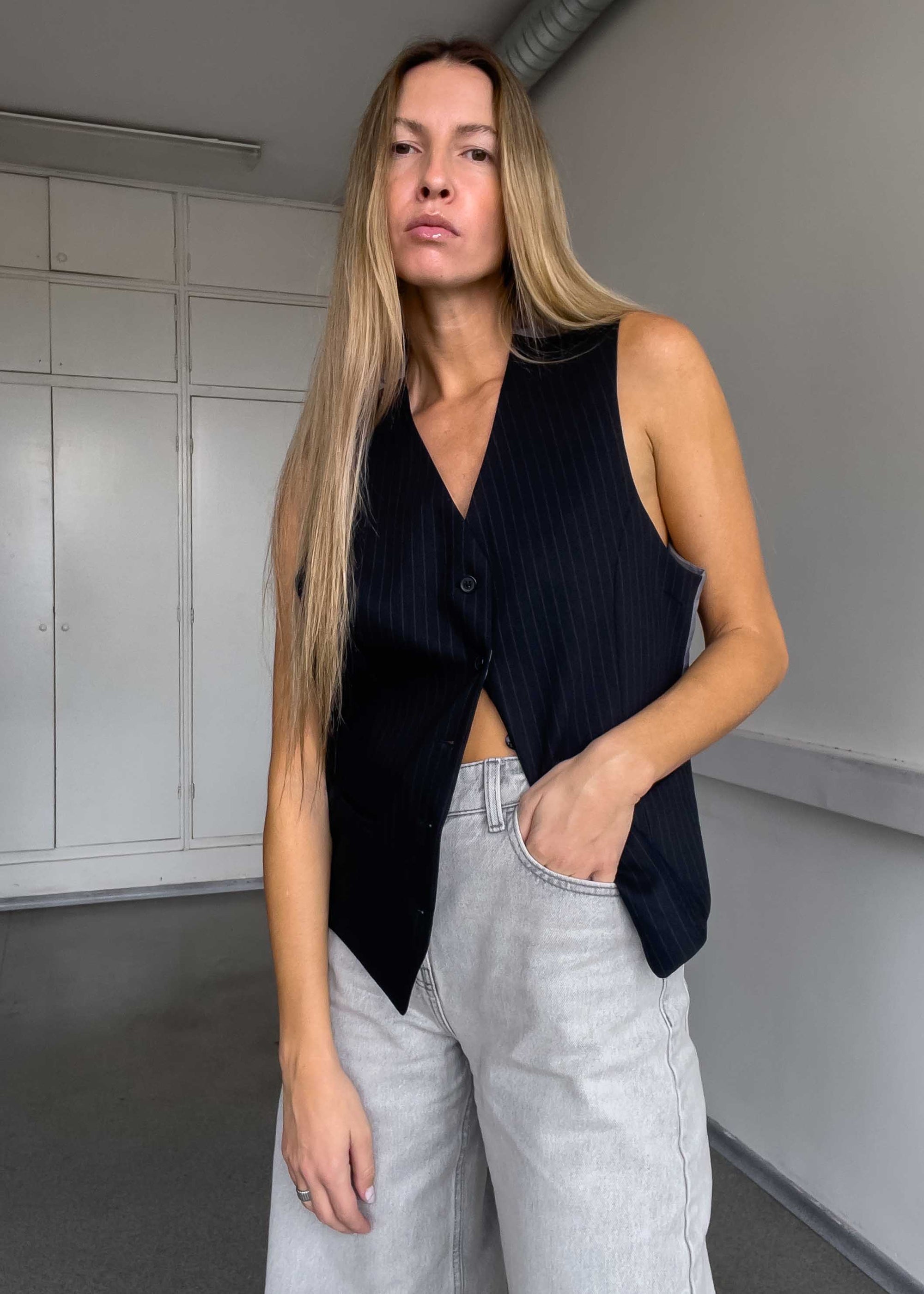 Vintage Black Stripy Oversized Vest