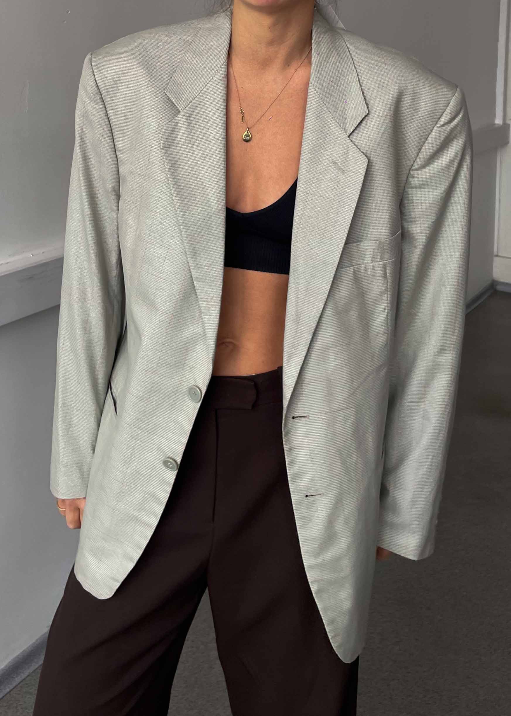 Vintage Light Grey Checked Oversized Cotton Blazer