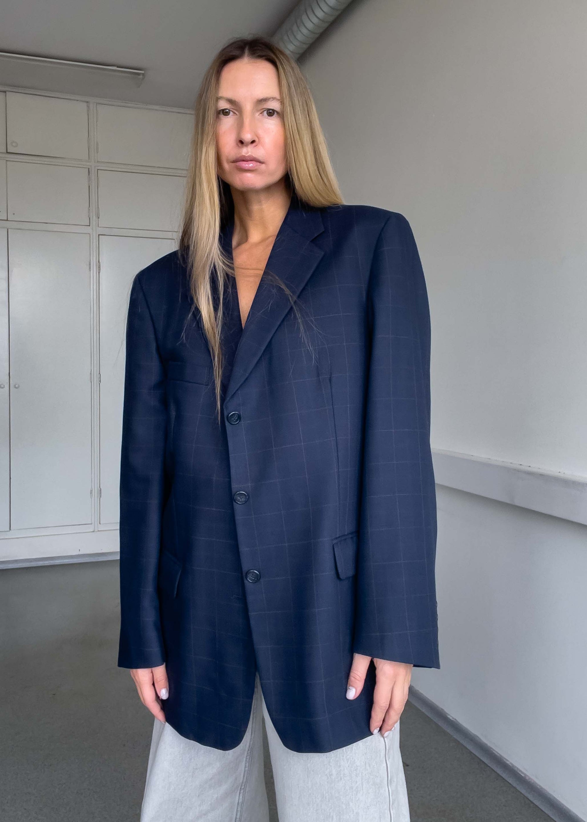 Vintage Blue Checked Oversized Blazer