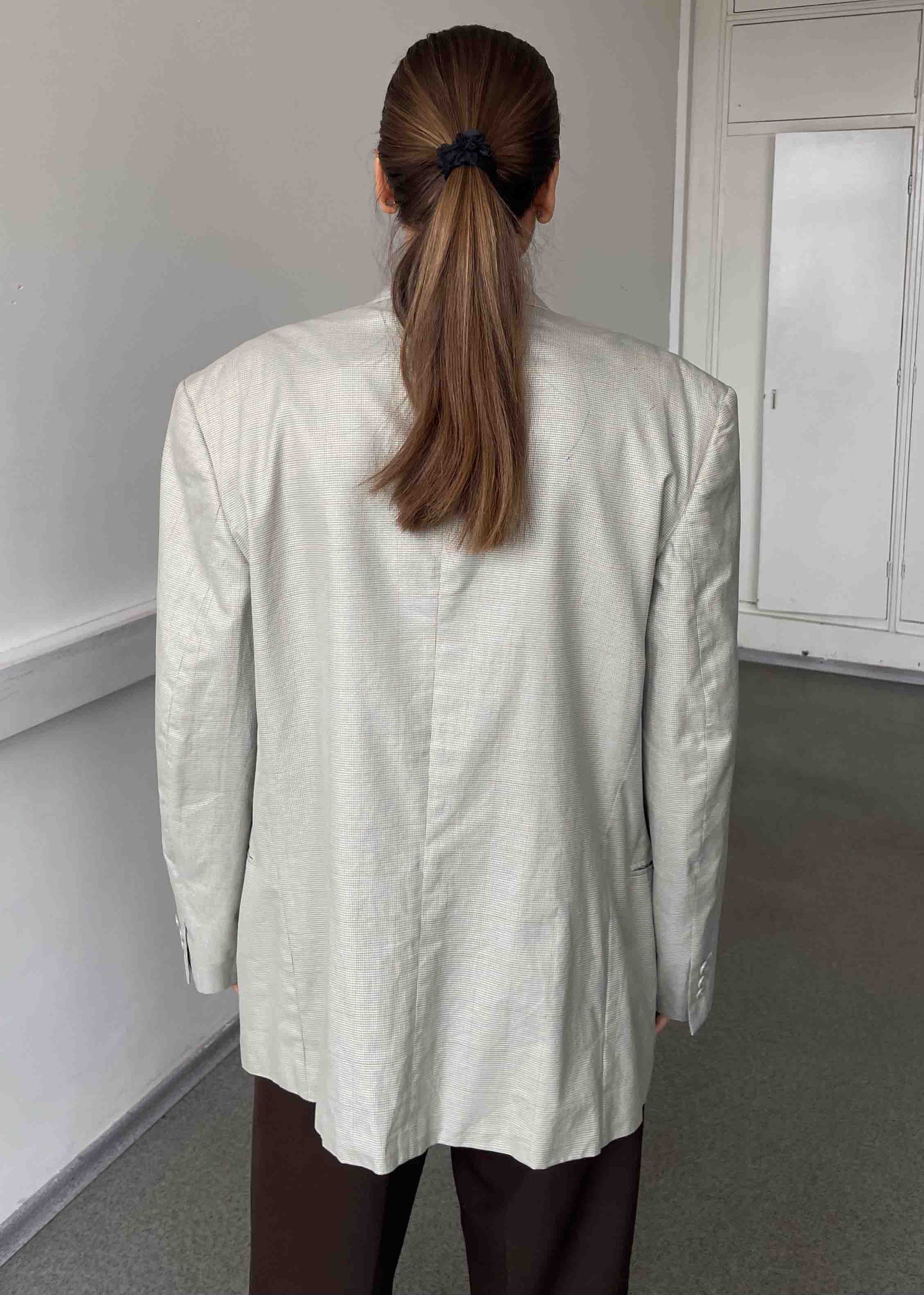 Vintage Light Grey Checked Oversized Cotton Blazer