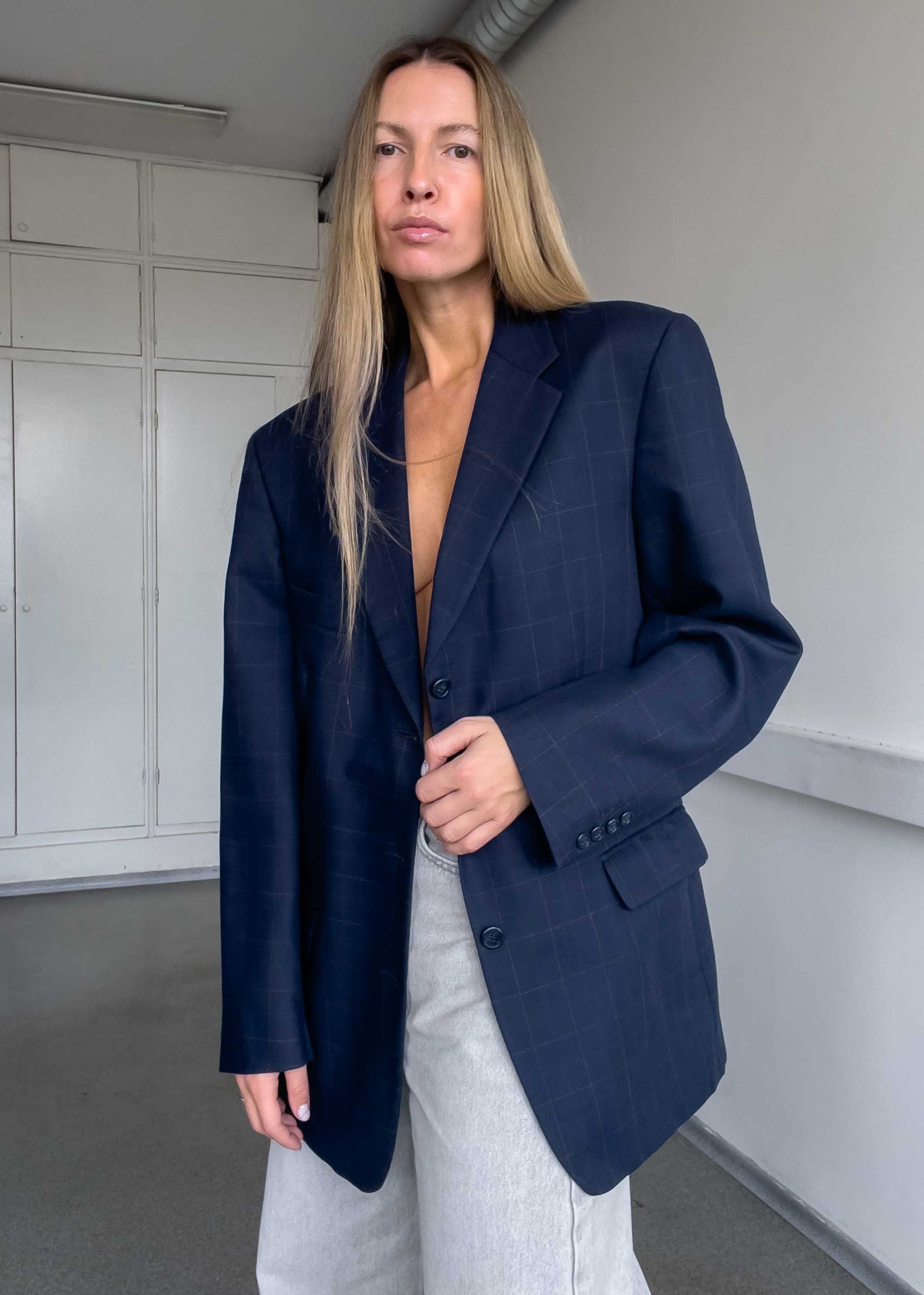 Vintage Blue Checked Oversized Blazer
