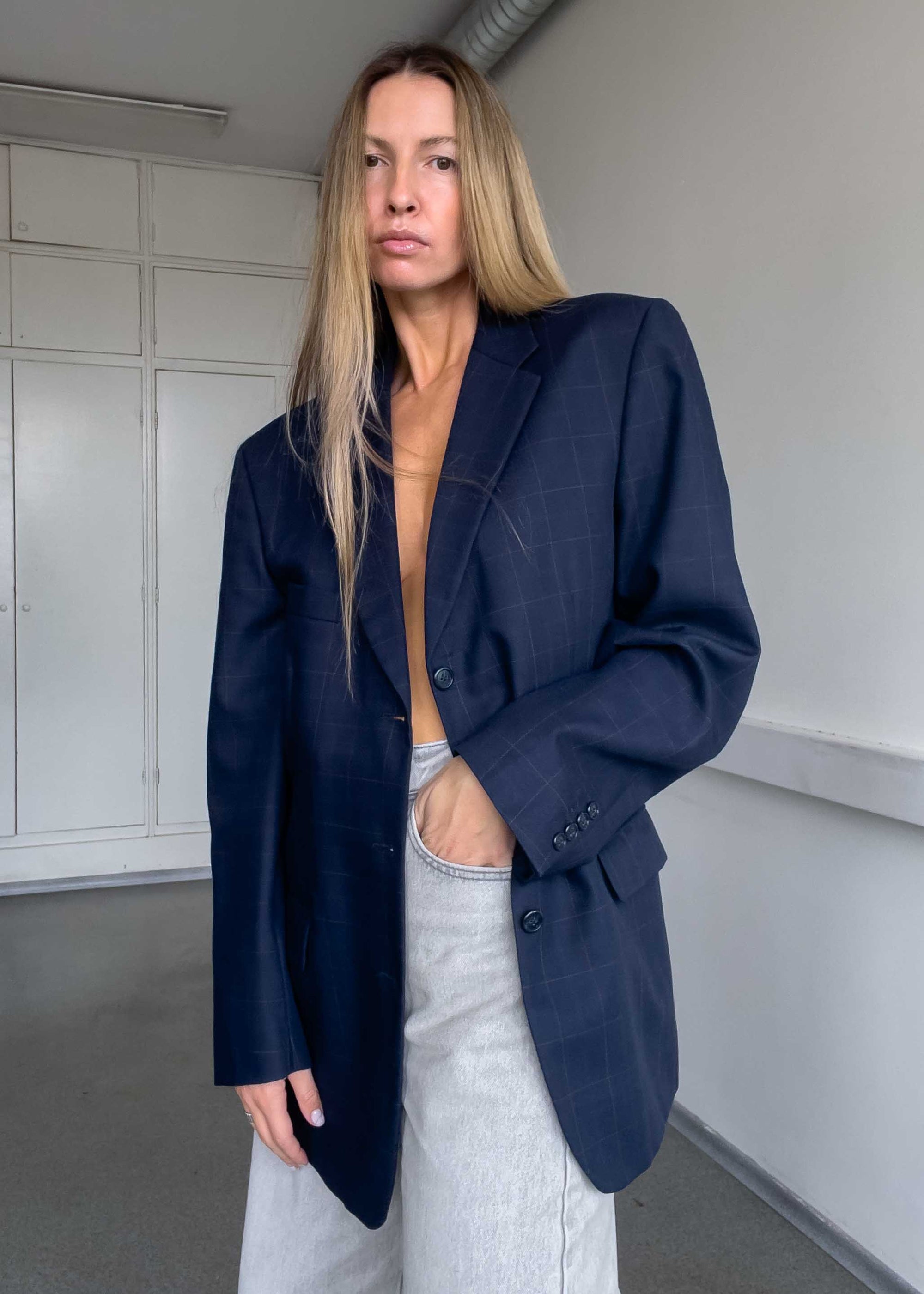 Vintage Blue Checked Oversized Blazer