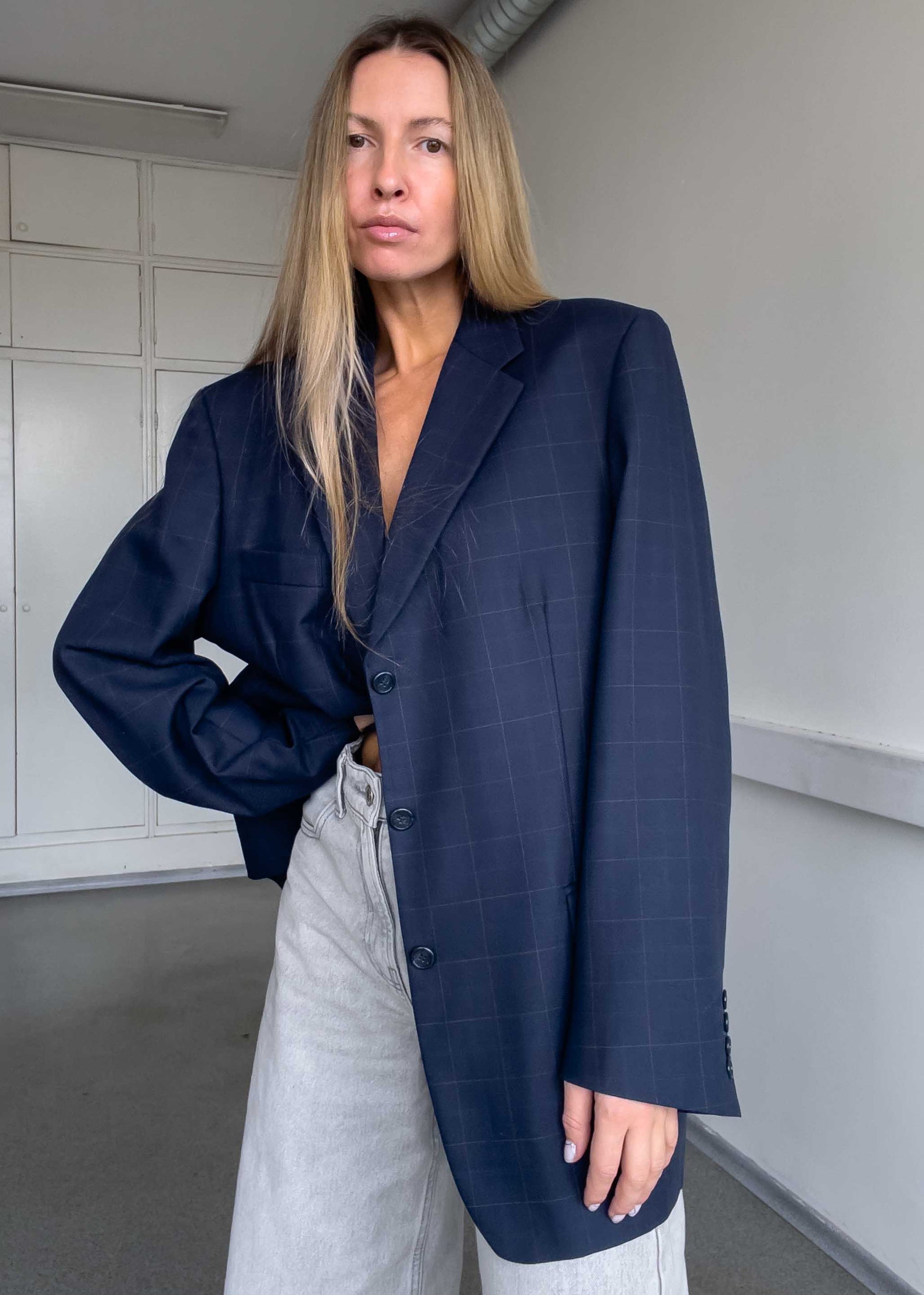 Vintage Blue Checked Oversized Blazer