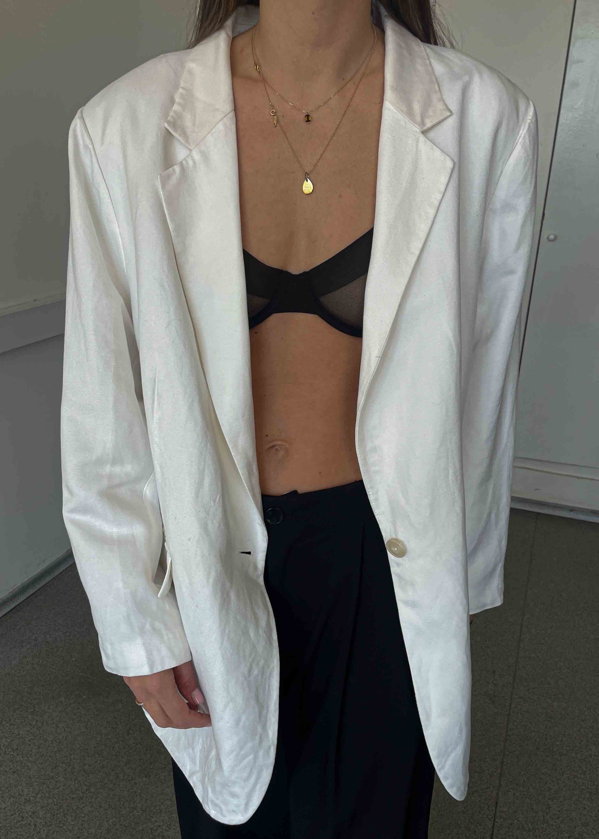 Vintage White Linen Blend Oversized Blazer