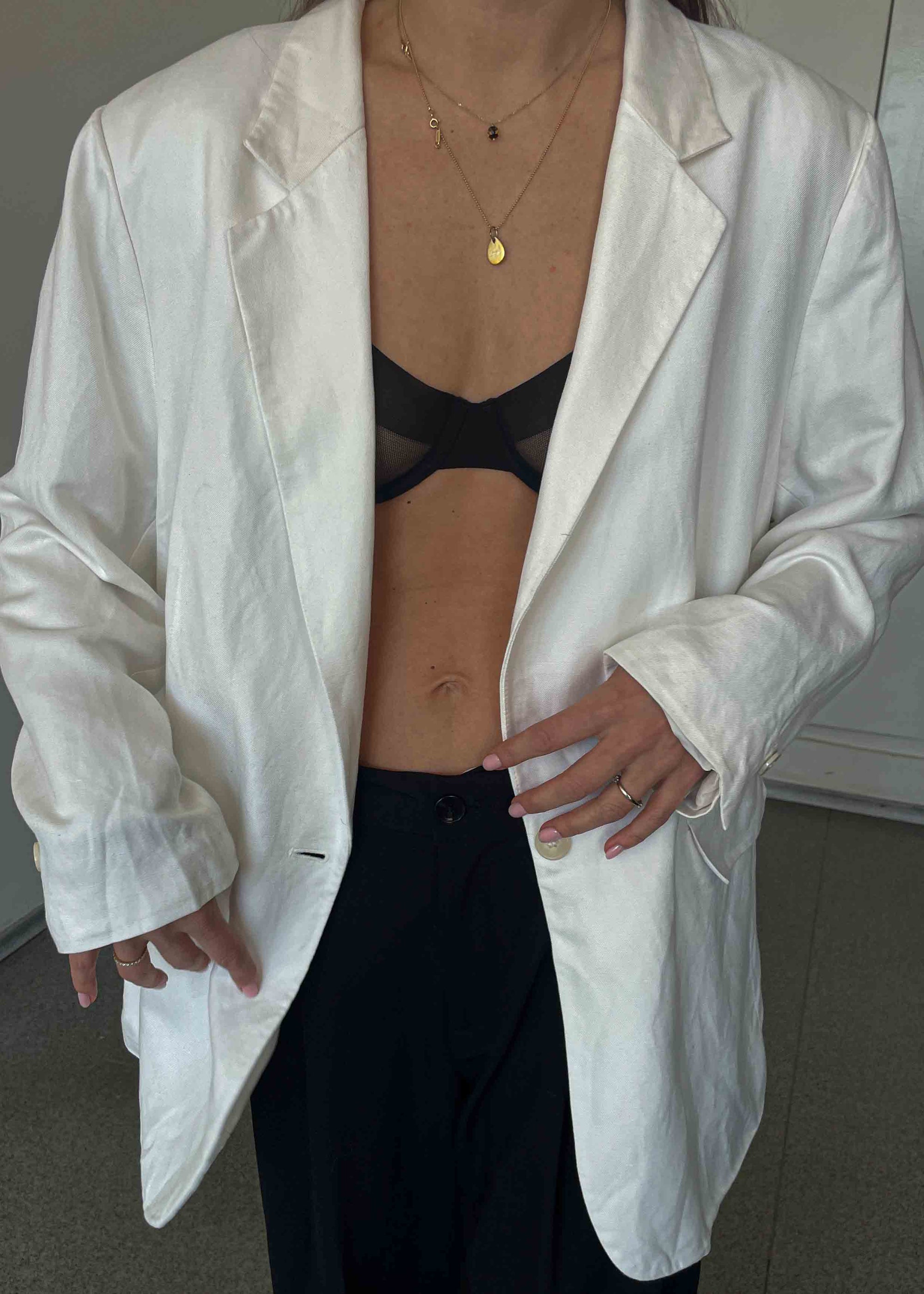 Vintage White Linen Blend Oversized Blazer