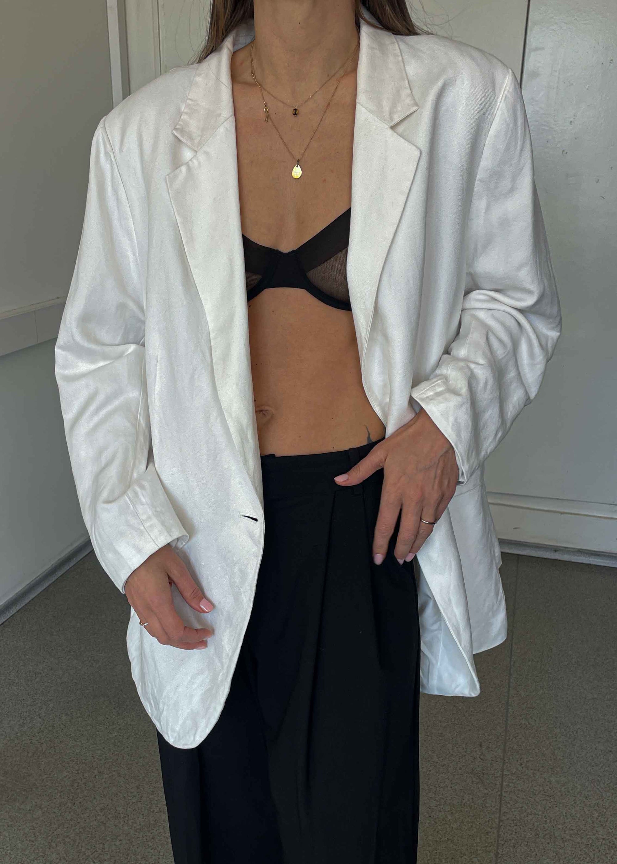 Vintage White Linen Blend Oversized Blazer