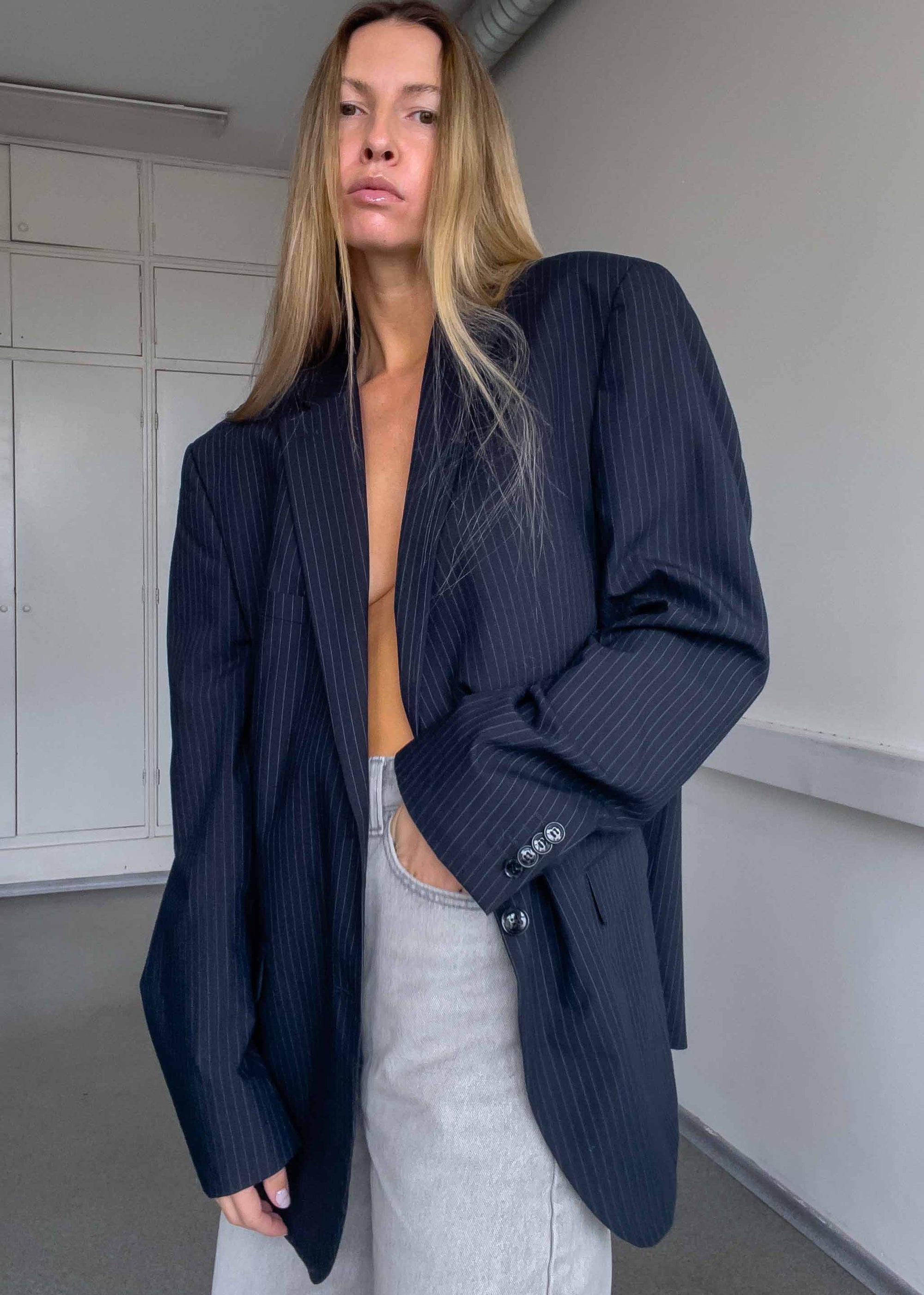 Vintage Blue Stripy Oversized Blazer