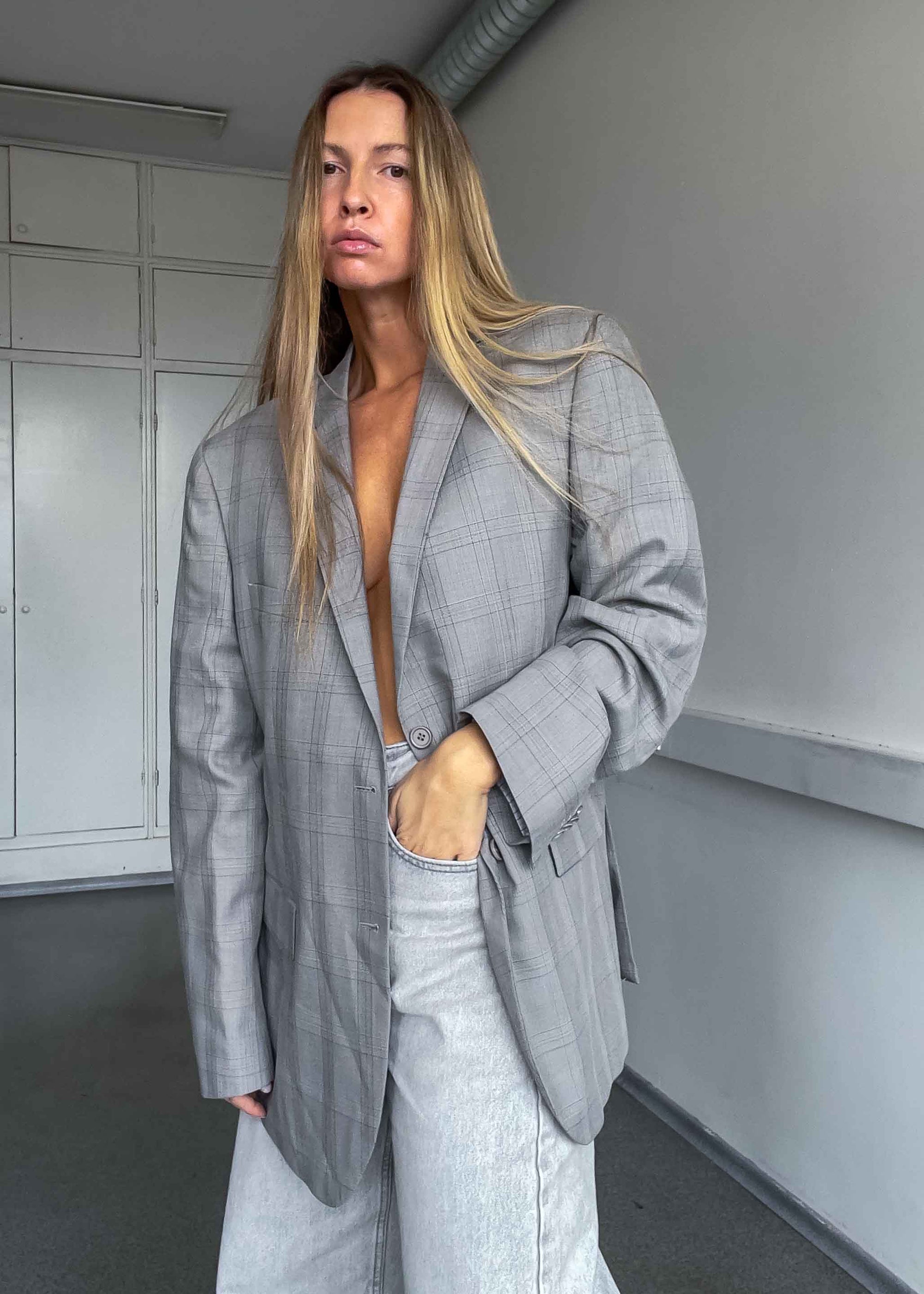 Vintage Grey Checked Oversized Blazer