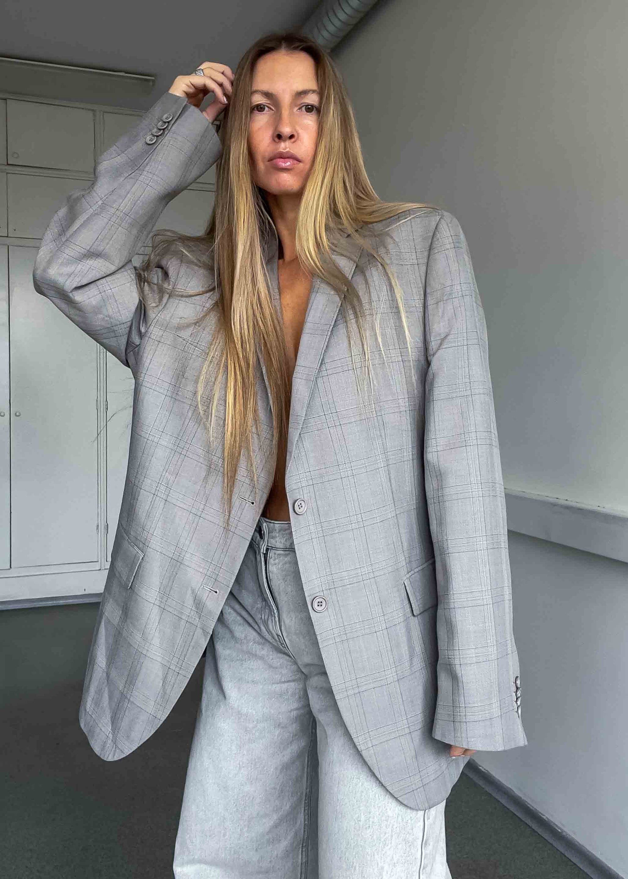 Vintage Grey Checked Oversized Blazer