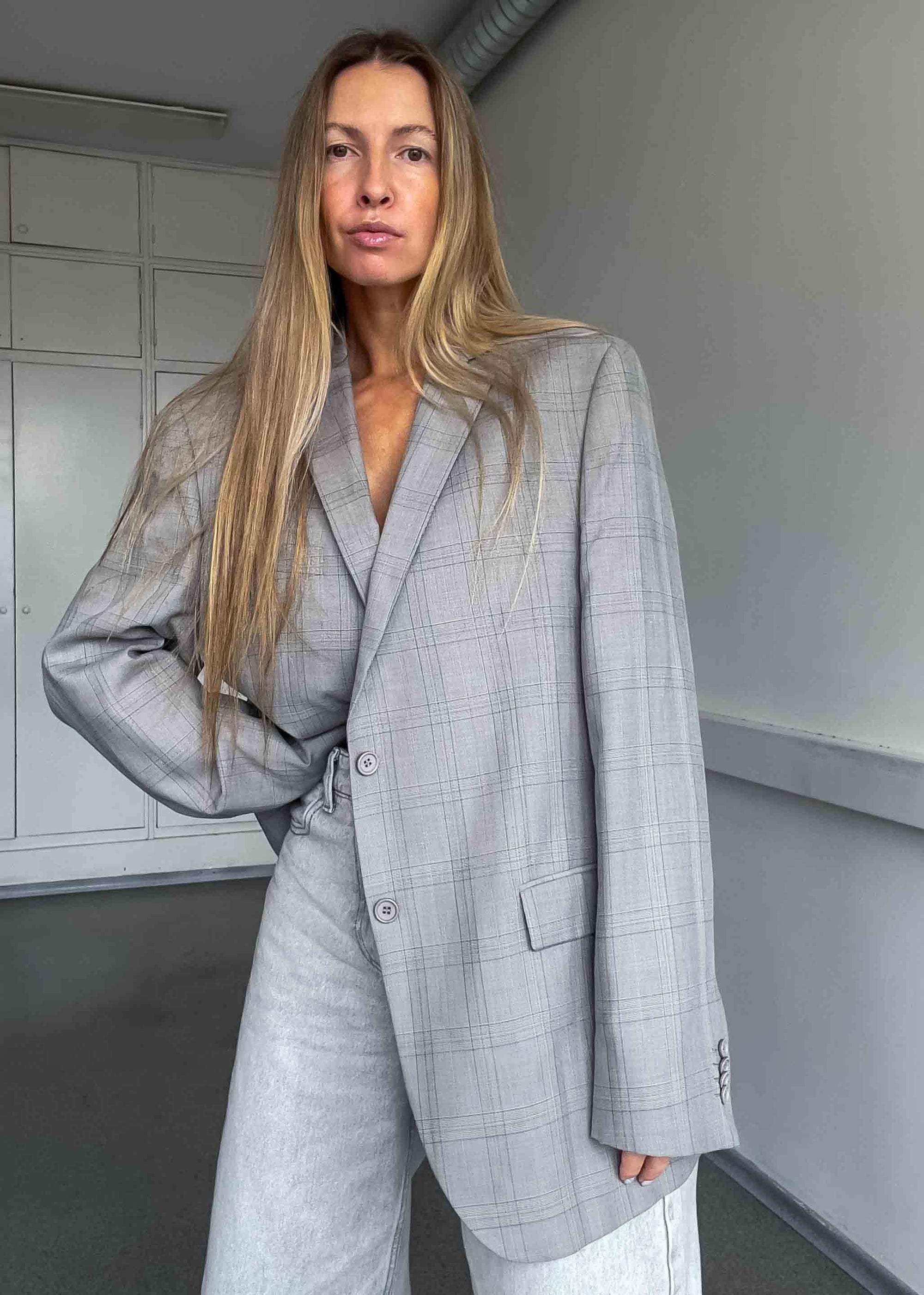 Vintage Grey Checked Oversized Blazer