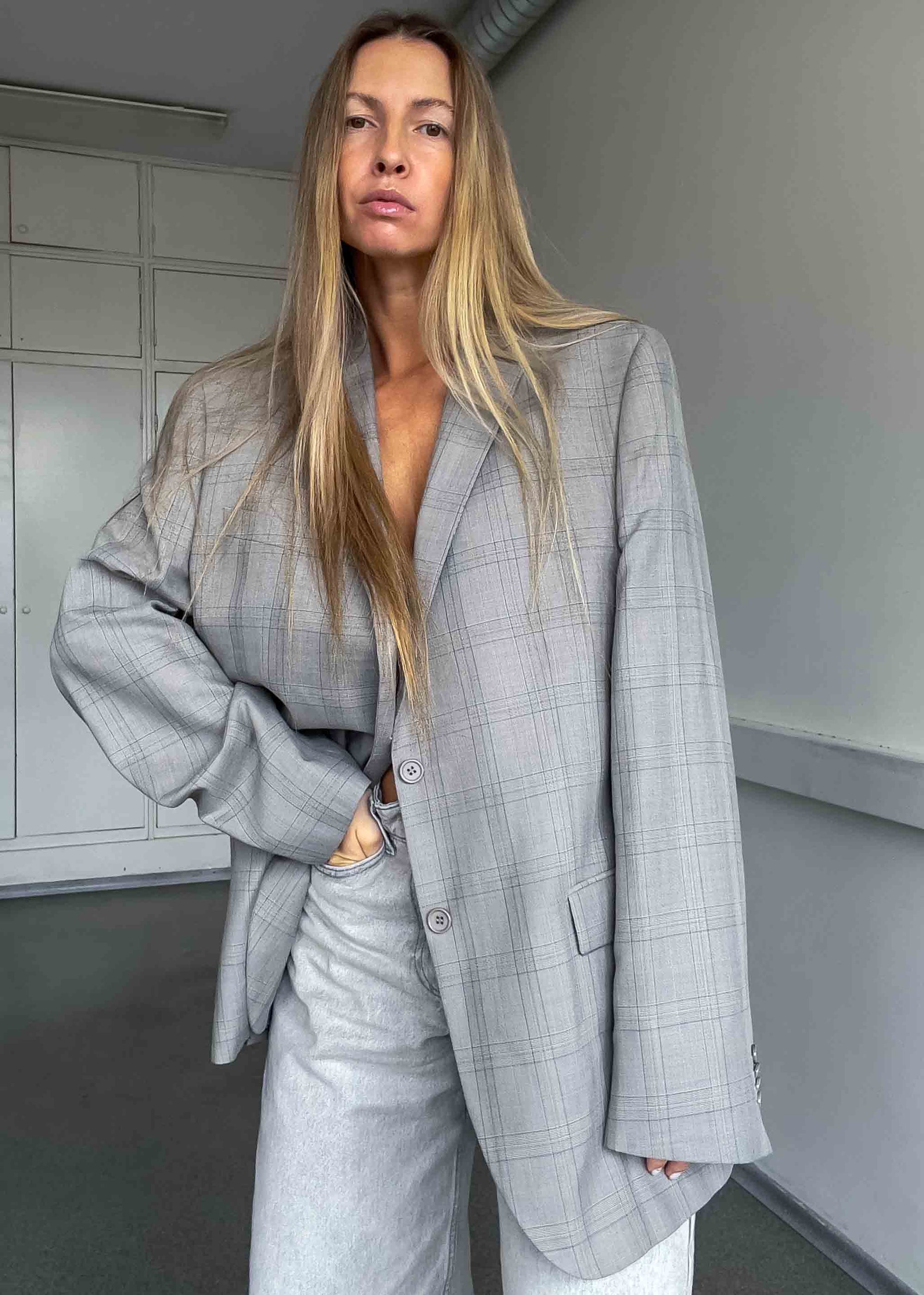 Vintage Grey Checked Oversized Blazer