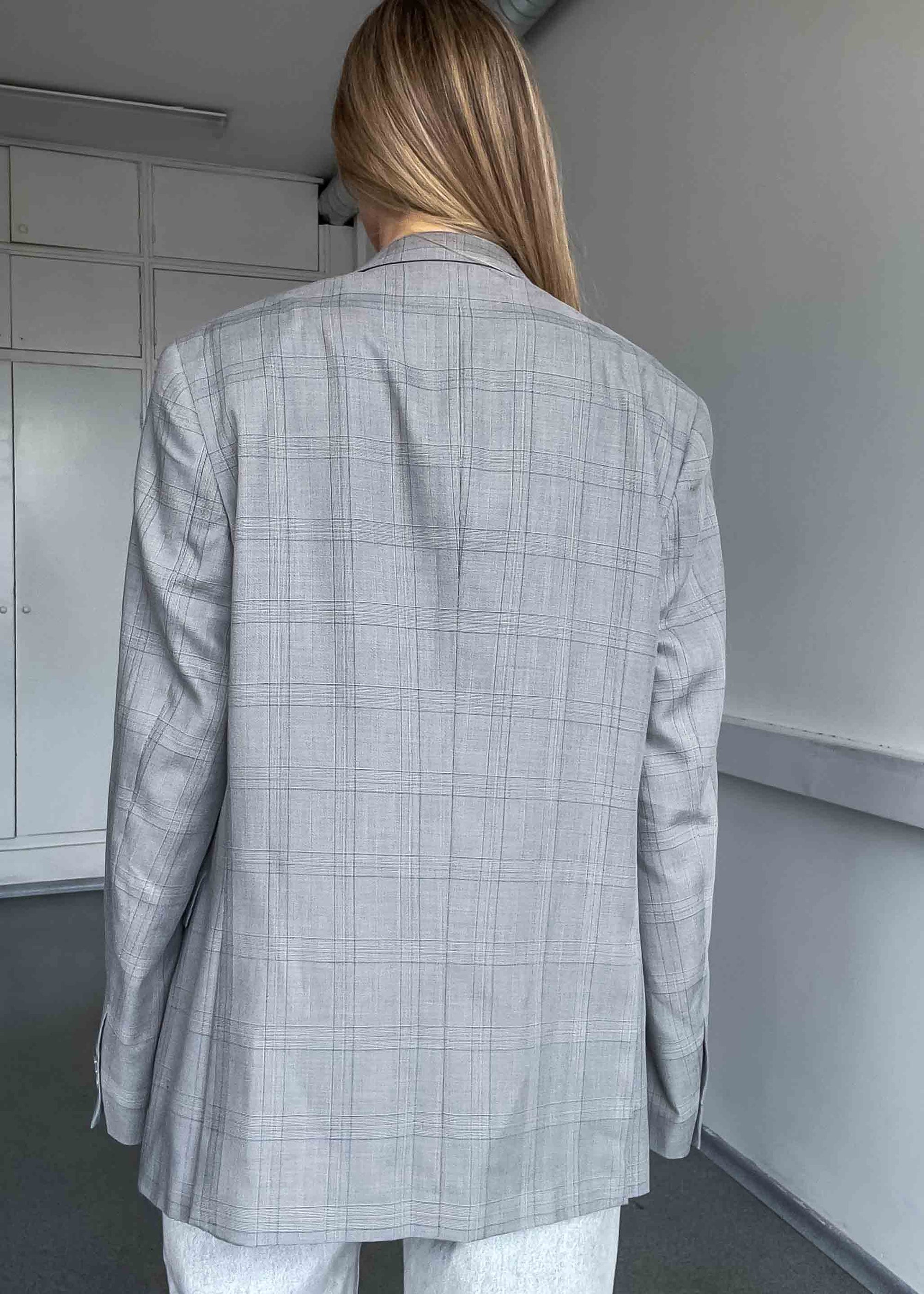 Vintage Grey Checked Oversized Blazer