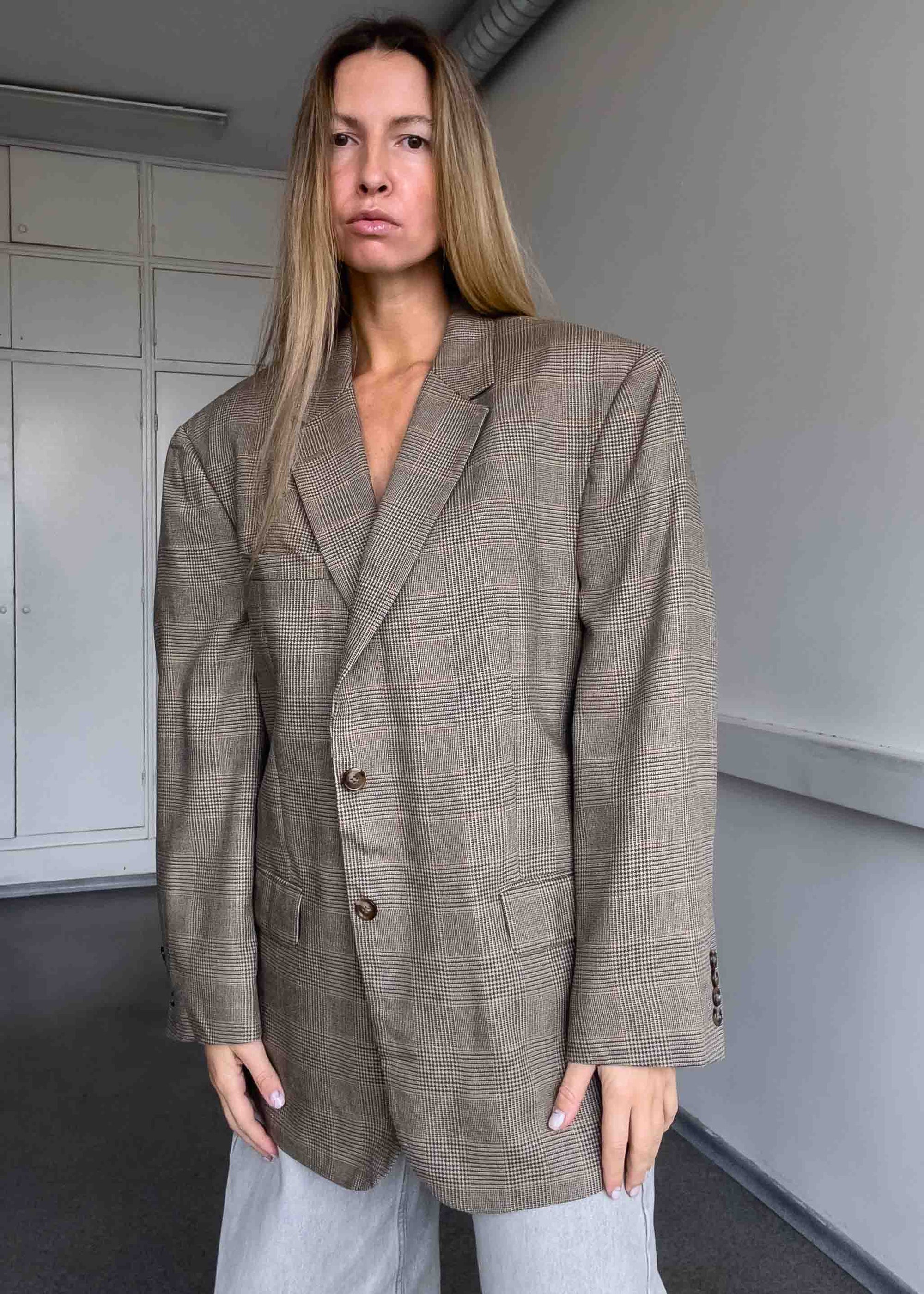 Vintage Brown Checked Silk & Wool Oversized Blazer