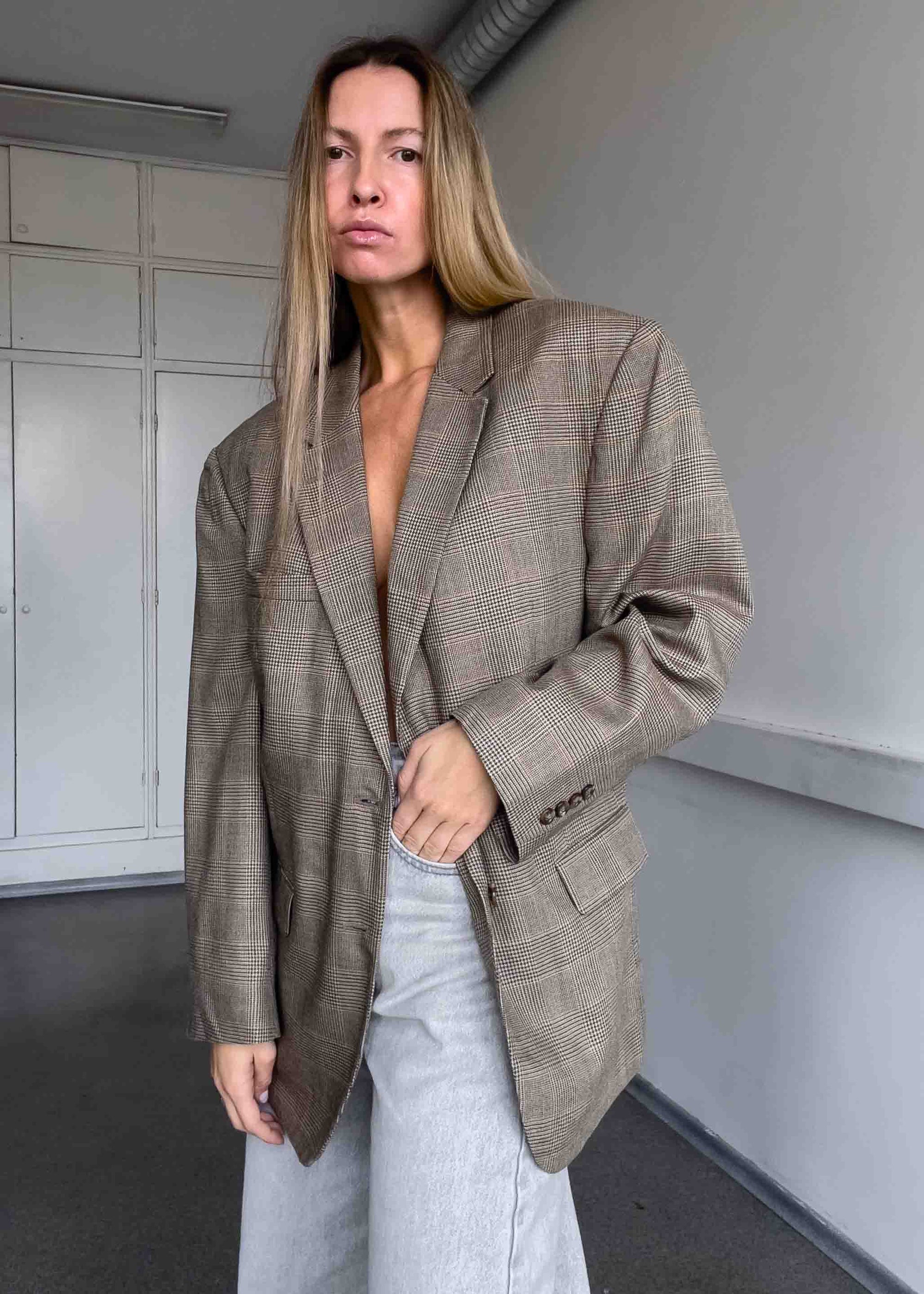 Vintage Brown Checked Silk & Wool Oversized Blazer