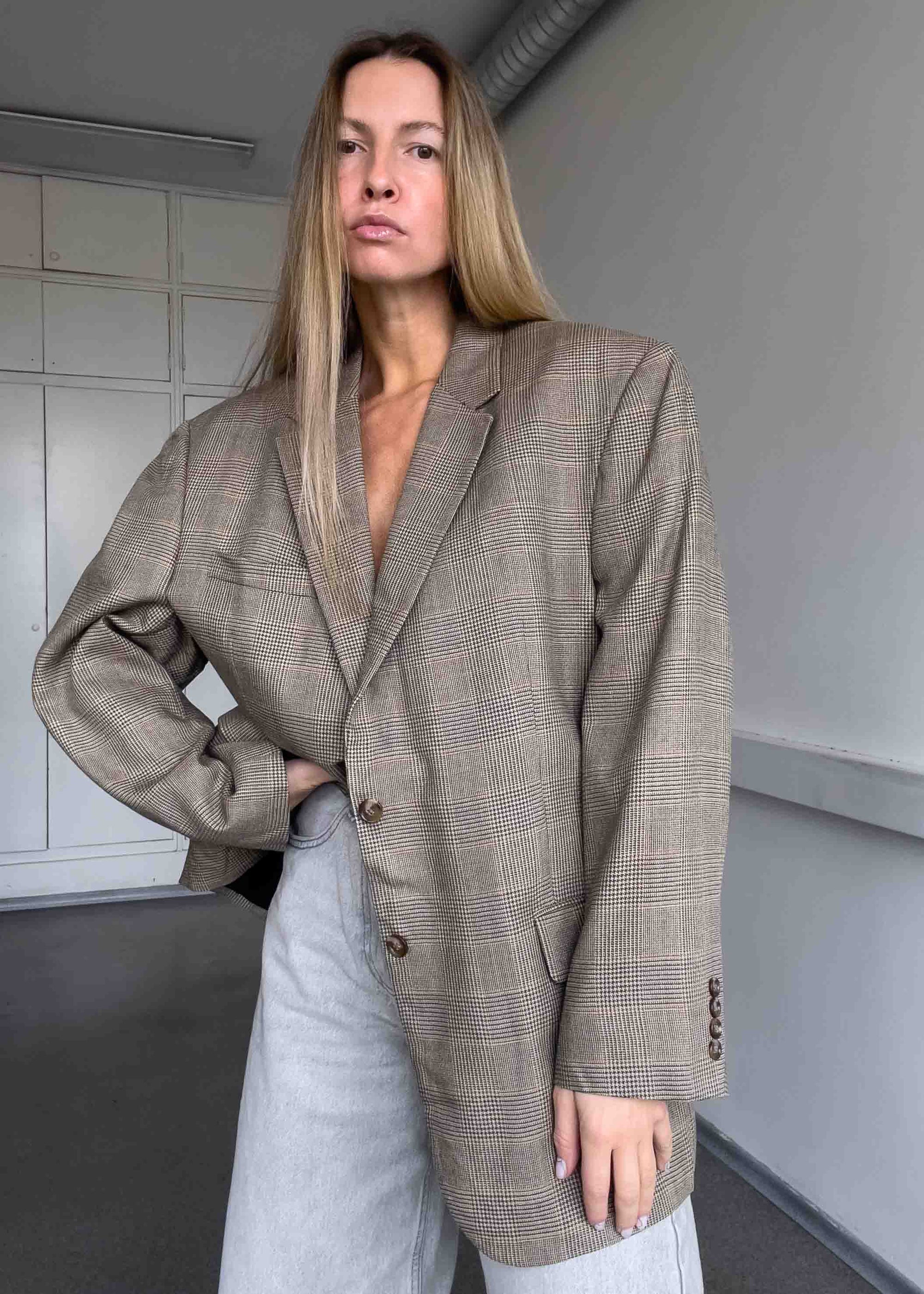 Vintage Brown Checked Silk & Wool Oversized Blazer