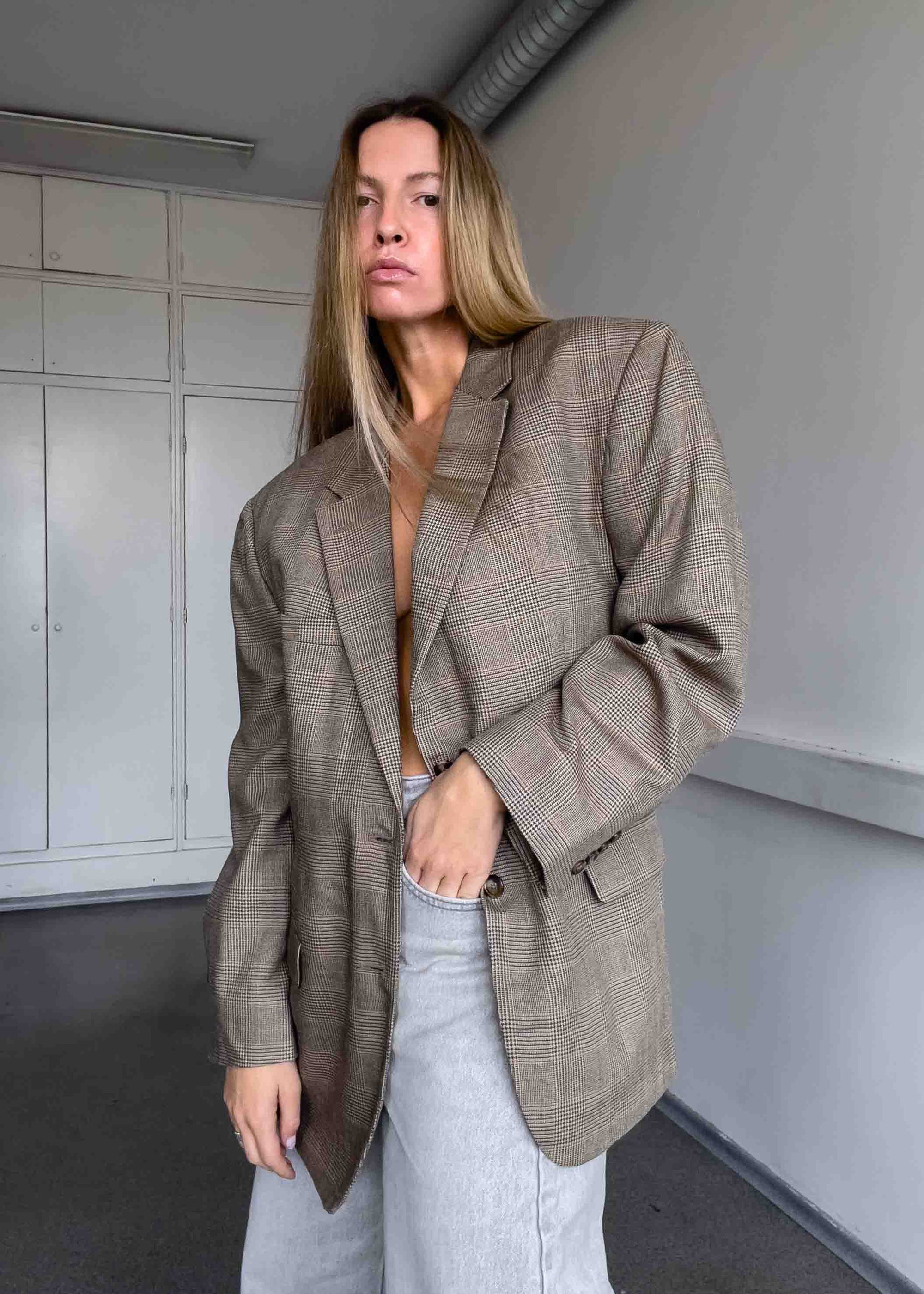 Vintage Brown Checked Silk & Wool Oversized Blazer