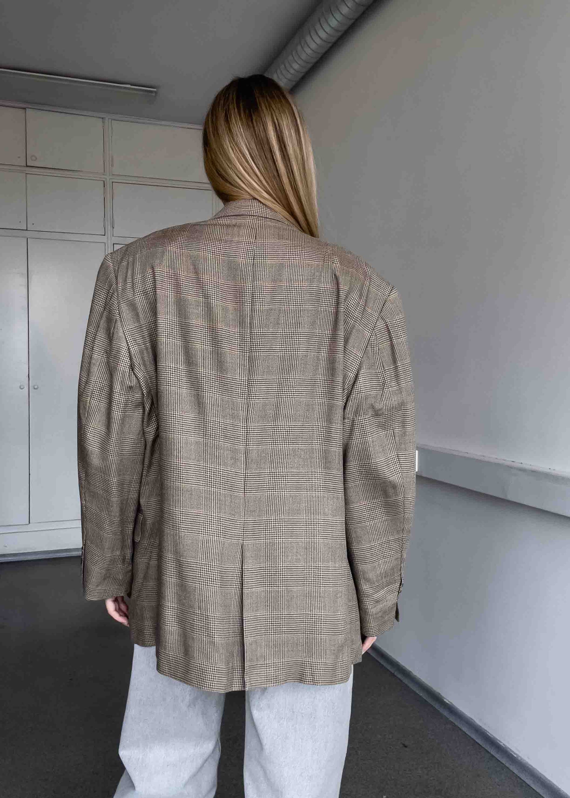 Vintage Brown Checked Silk & Wool Oversized Blazer