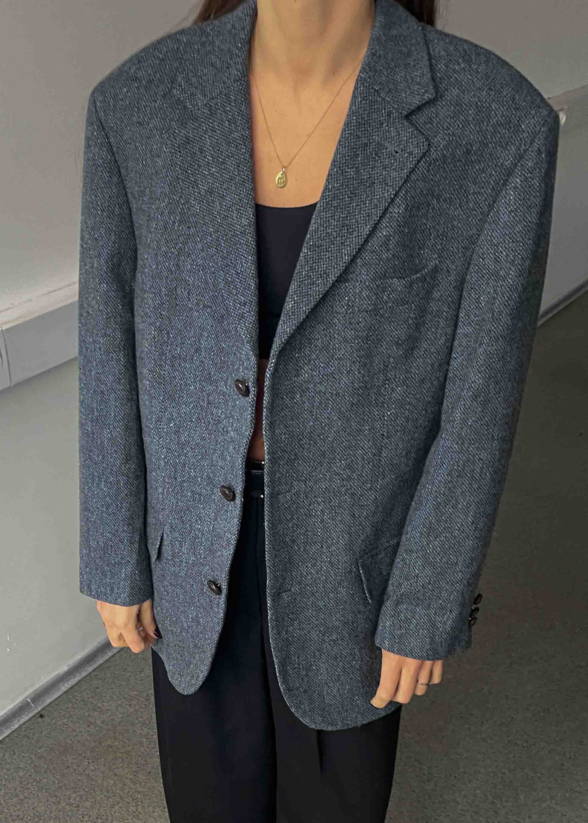 Vintage Light Blue Patterned Oversized 100% WOOL Blazer