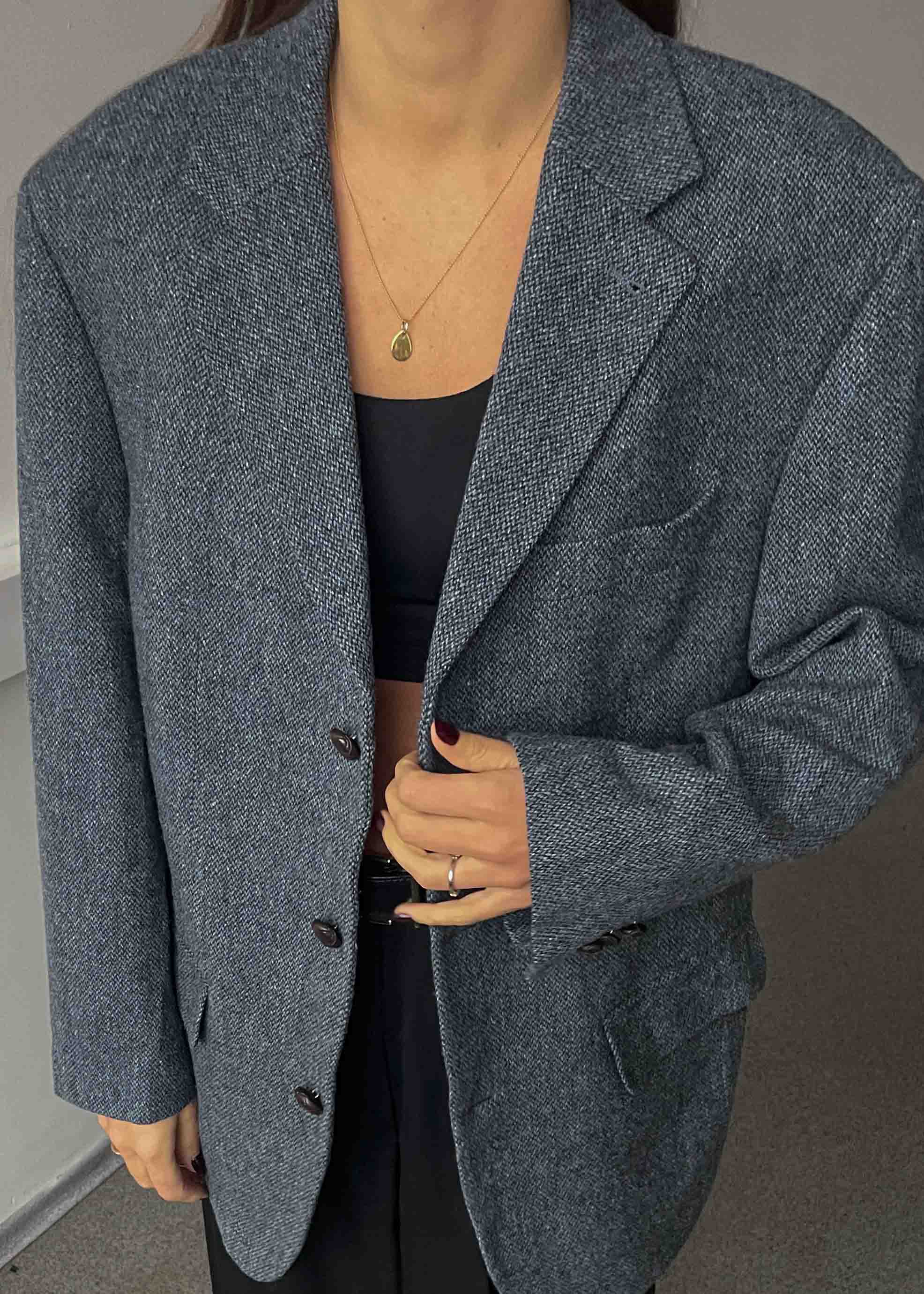 Vintage Light Blue Patterned Oversized 100% WOOL Blazer