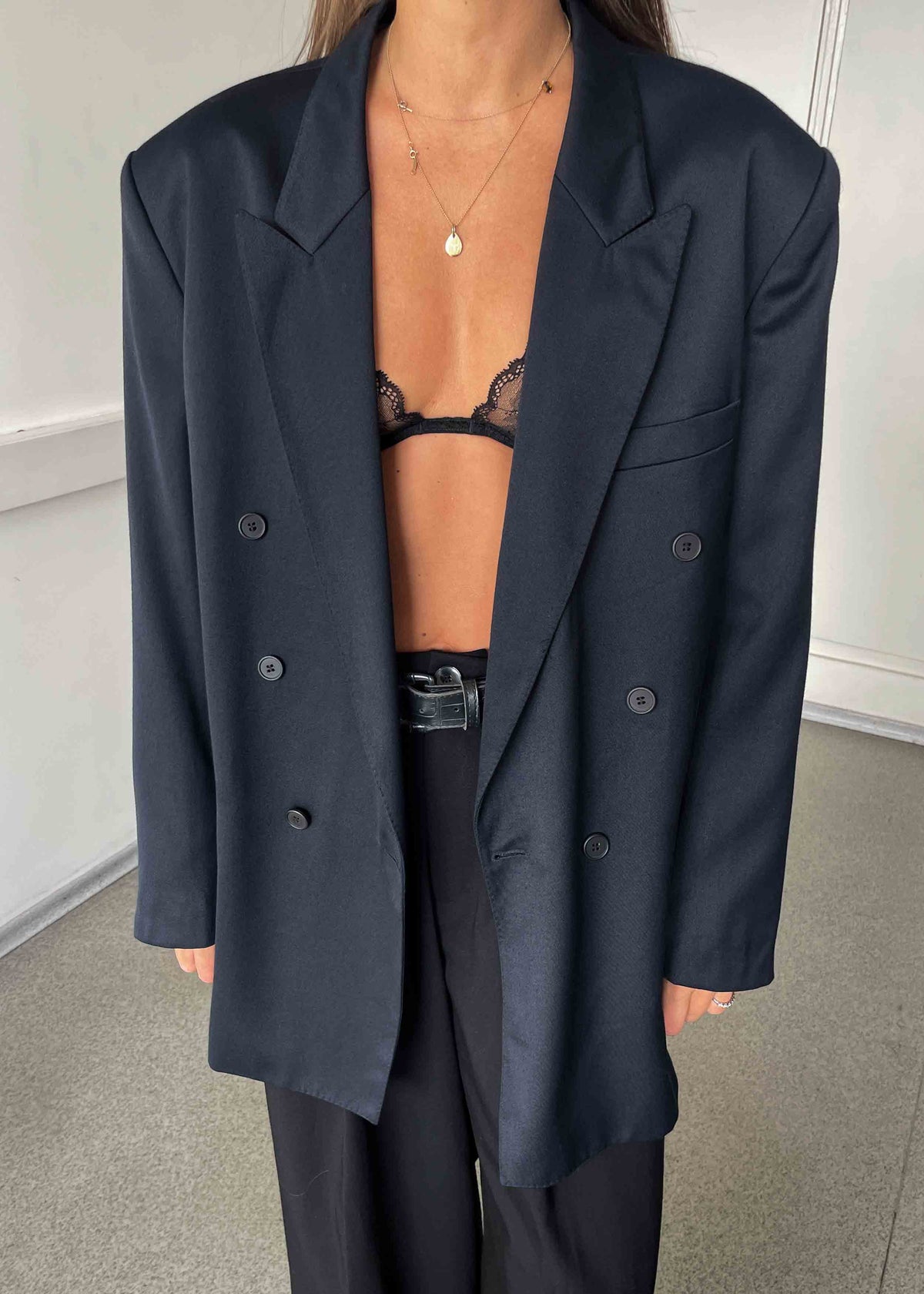 Vintage Dark Blue Oversized Double Breasted Blazer