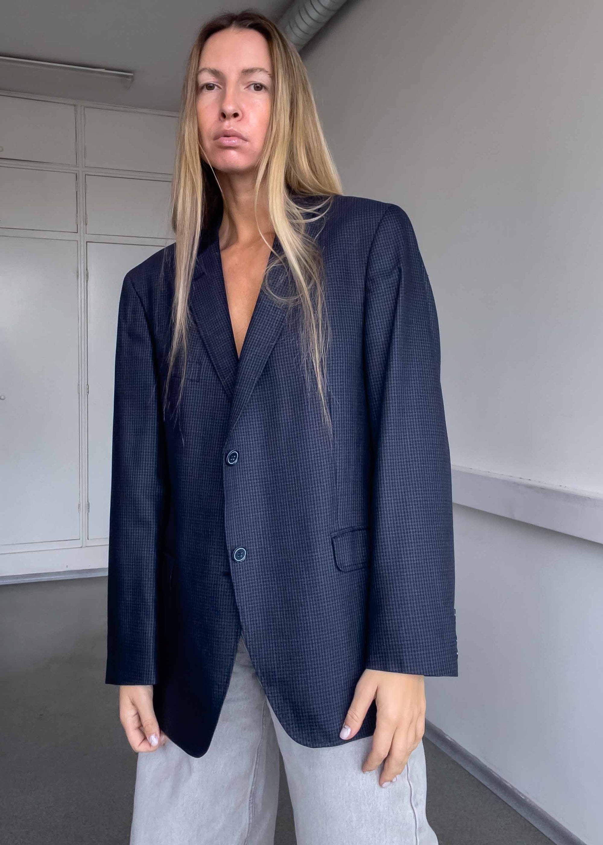 Vintage Blue Checked Oversized Light Weight Blazer