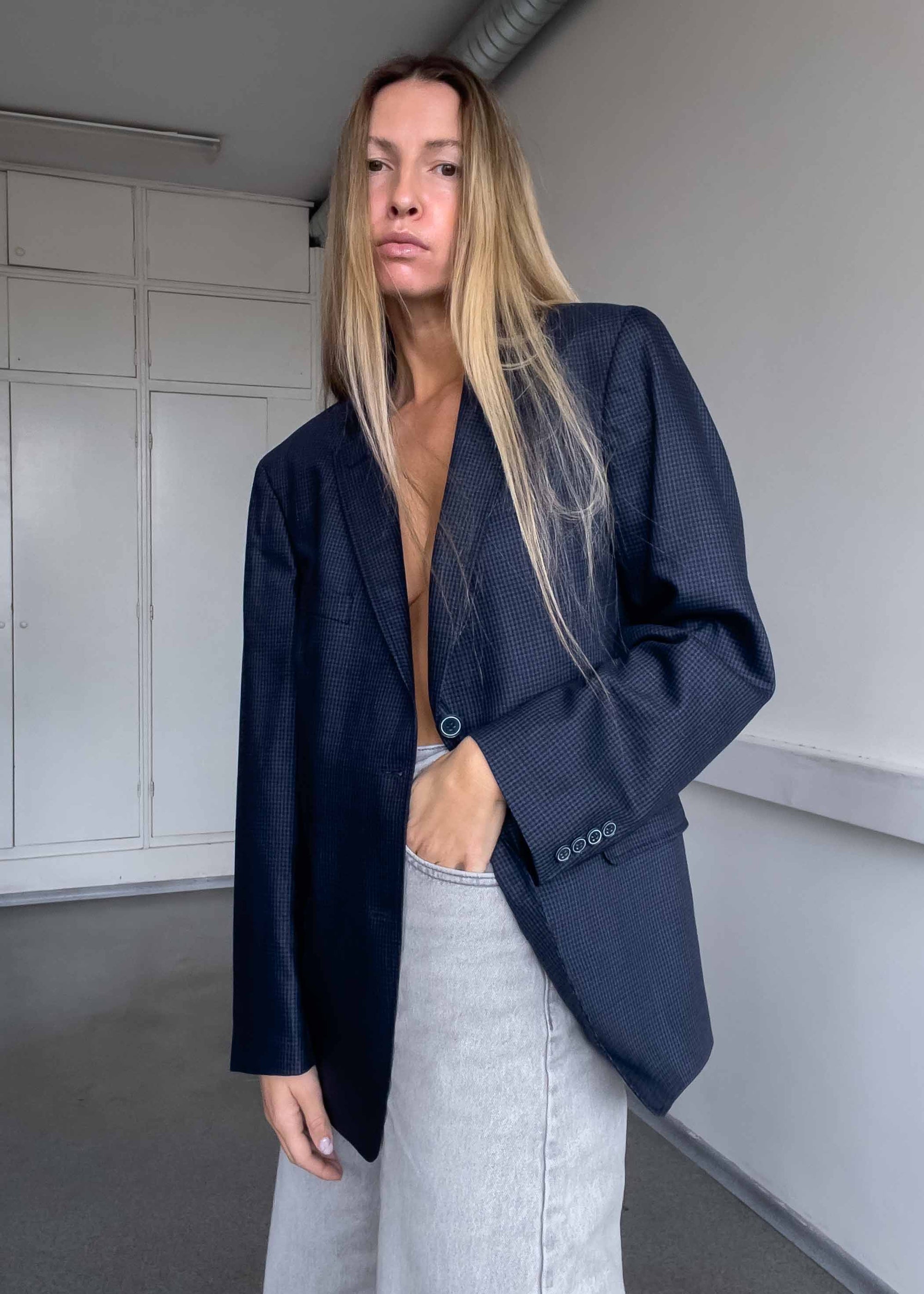 Vintage Blue Checked Oversized Light Weight Blazer