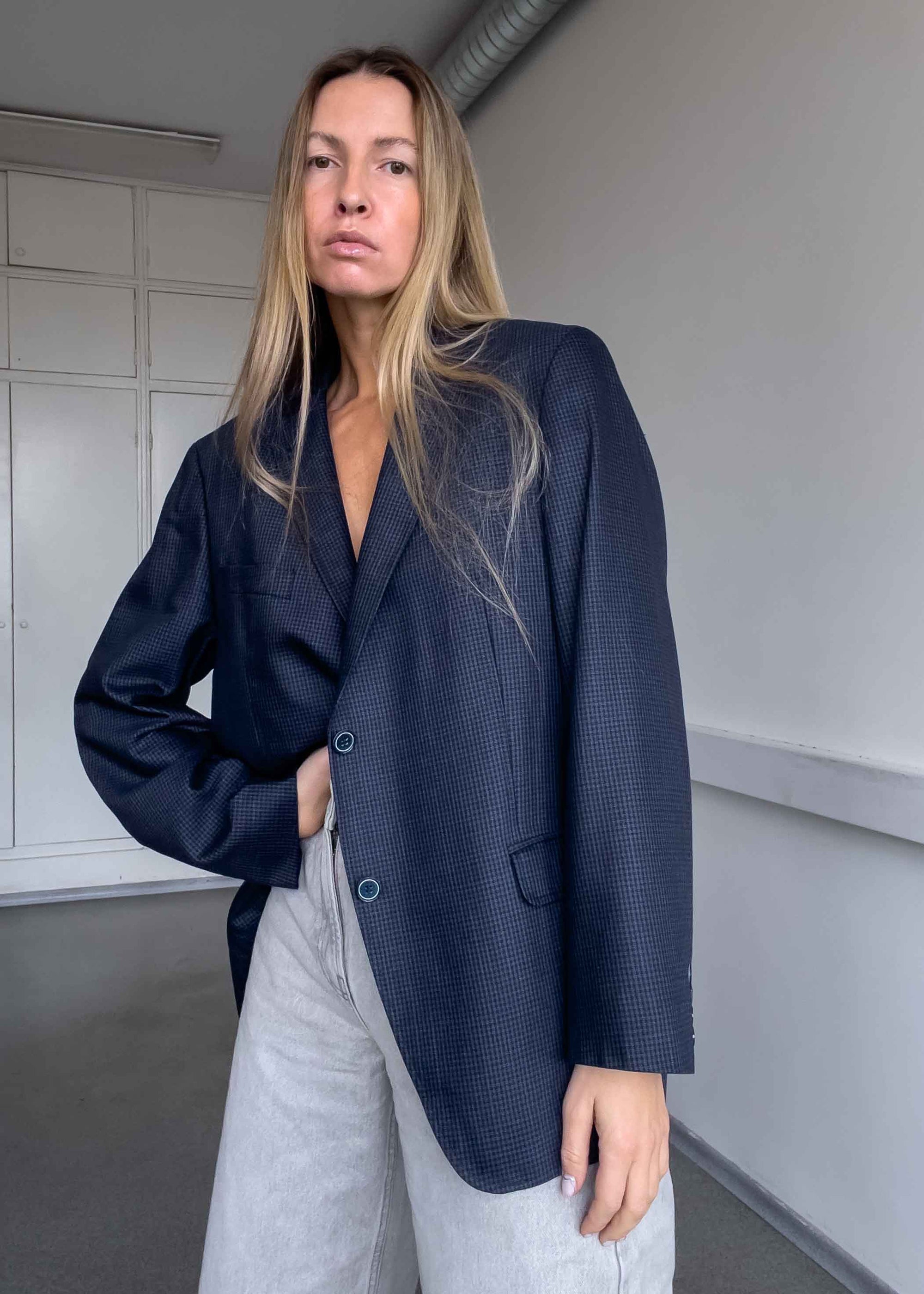 Vintage Blue Checked Oversized Light Weight Blazer