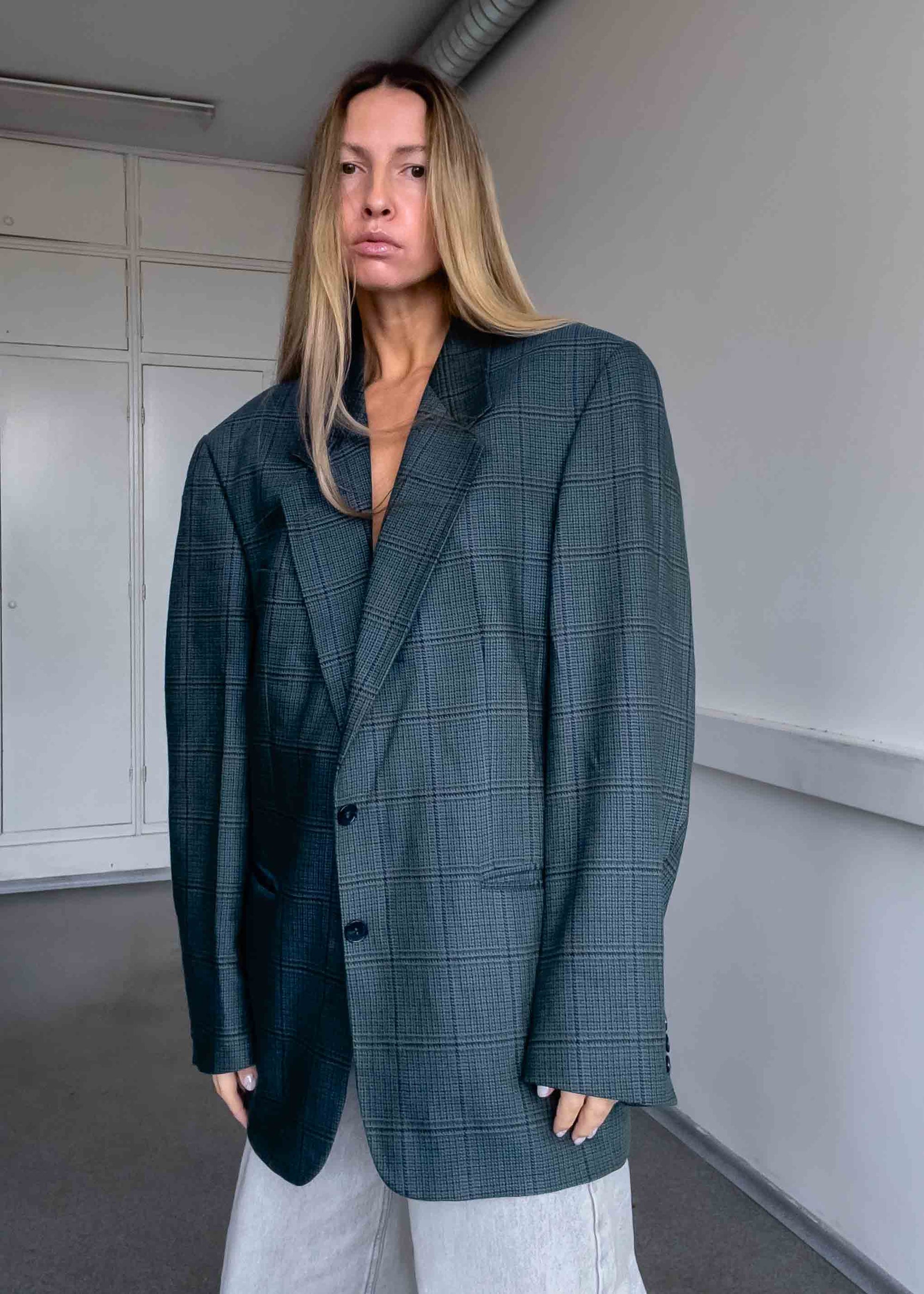 Vintage Green Checked 100% WOOL Oversized Blazer