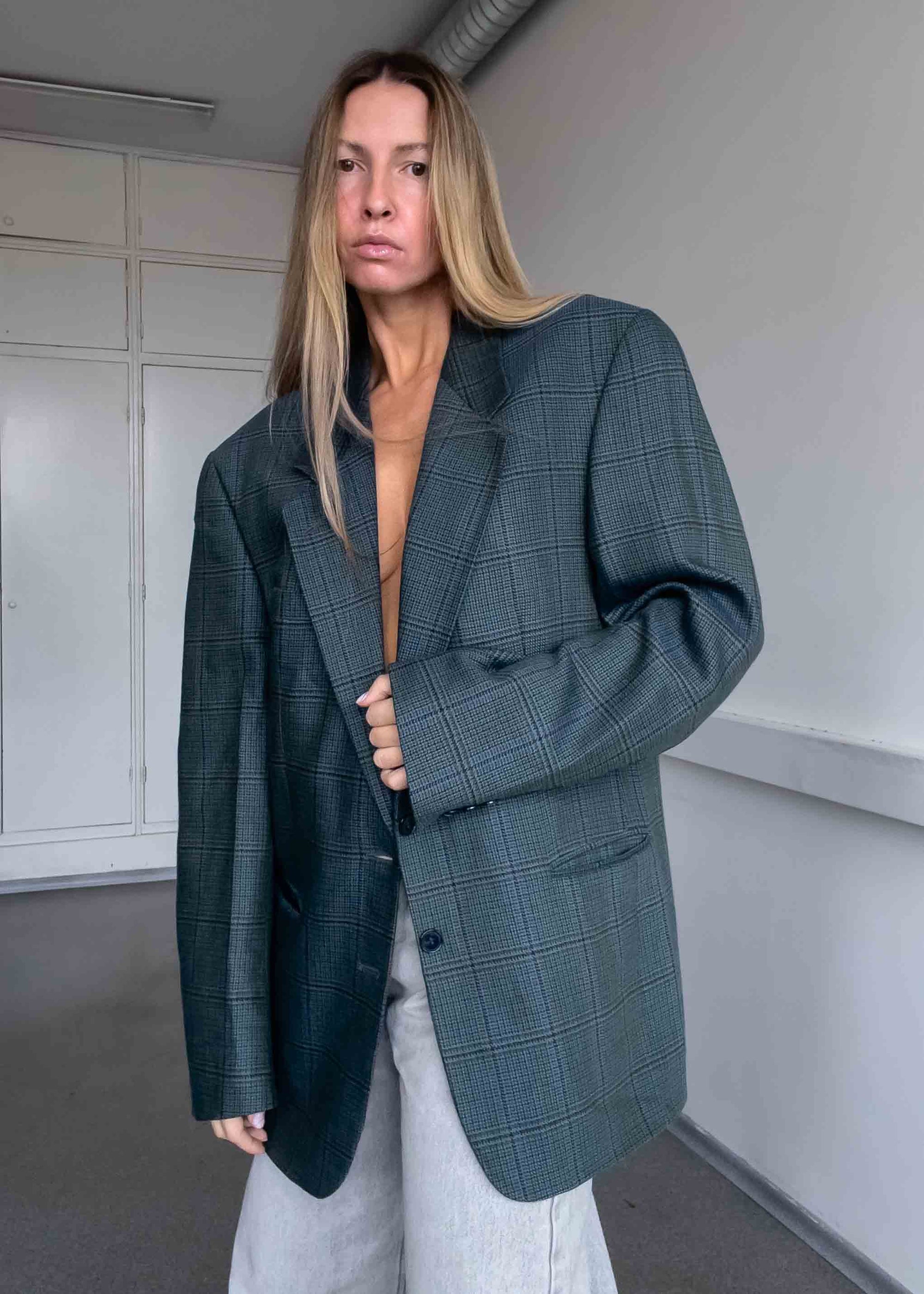 Vintage Green Checked 100% WOOL Oversized Blazer