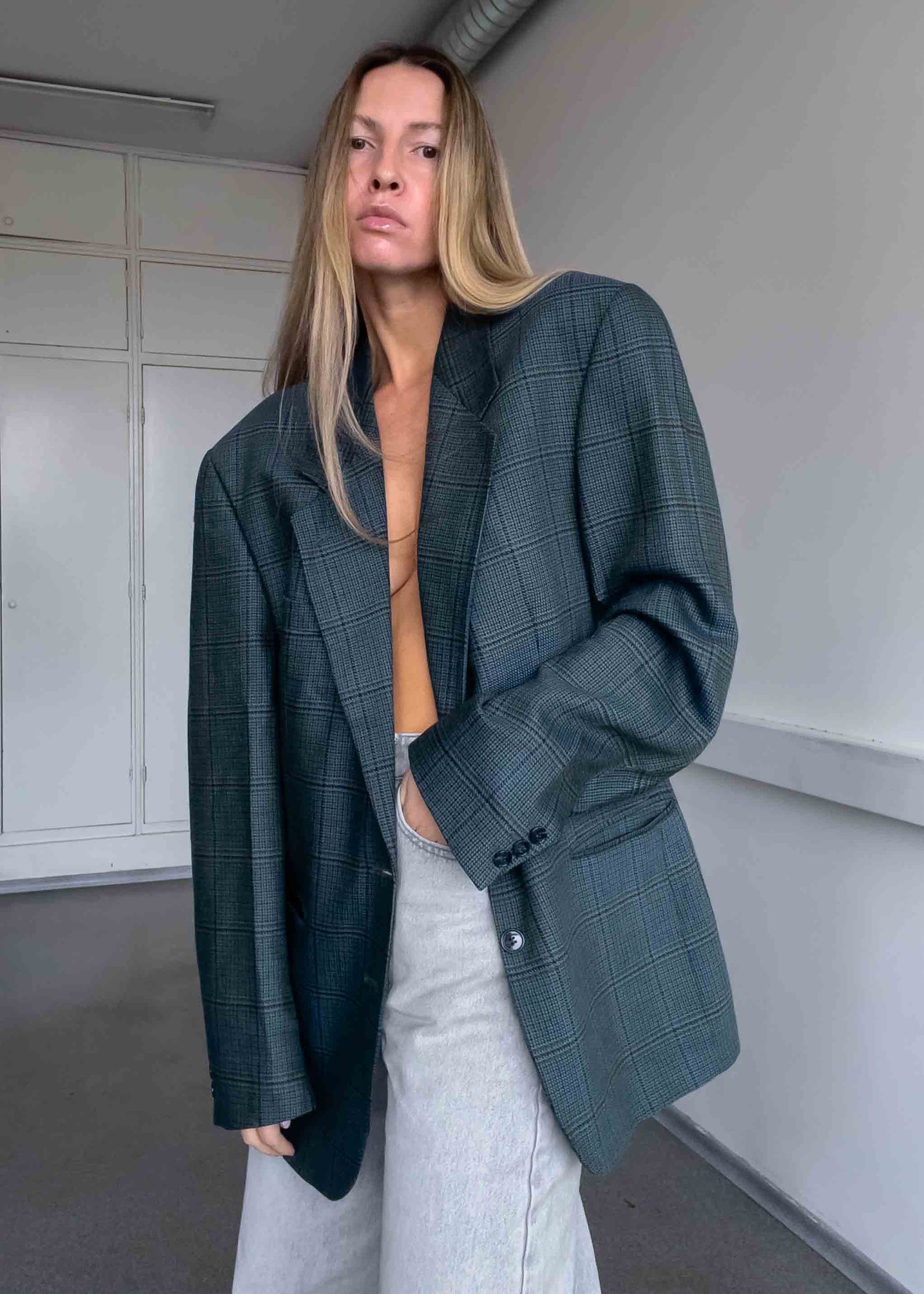 Vintage Green Checked 100% WOOL Oversized Blazer
