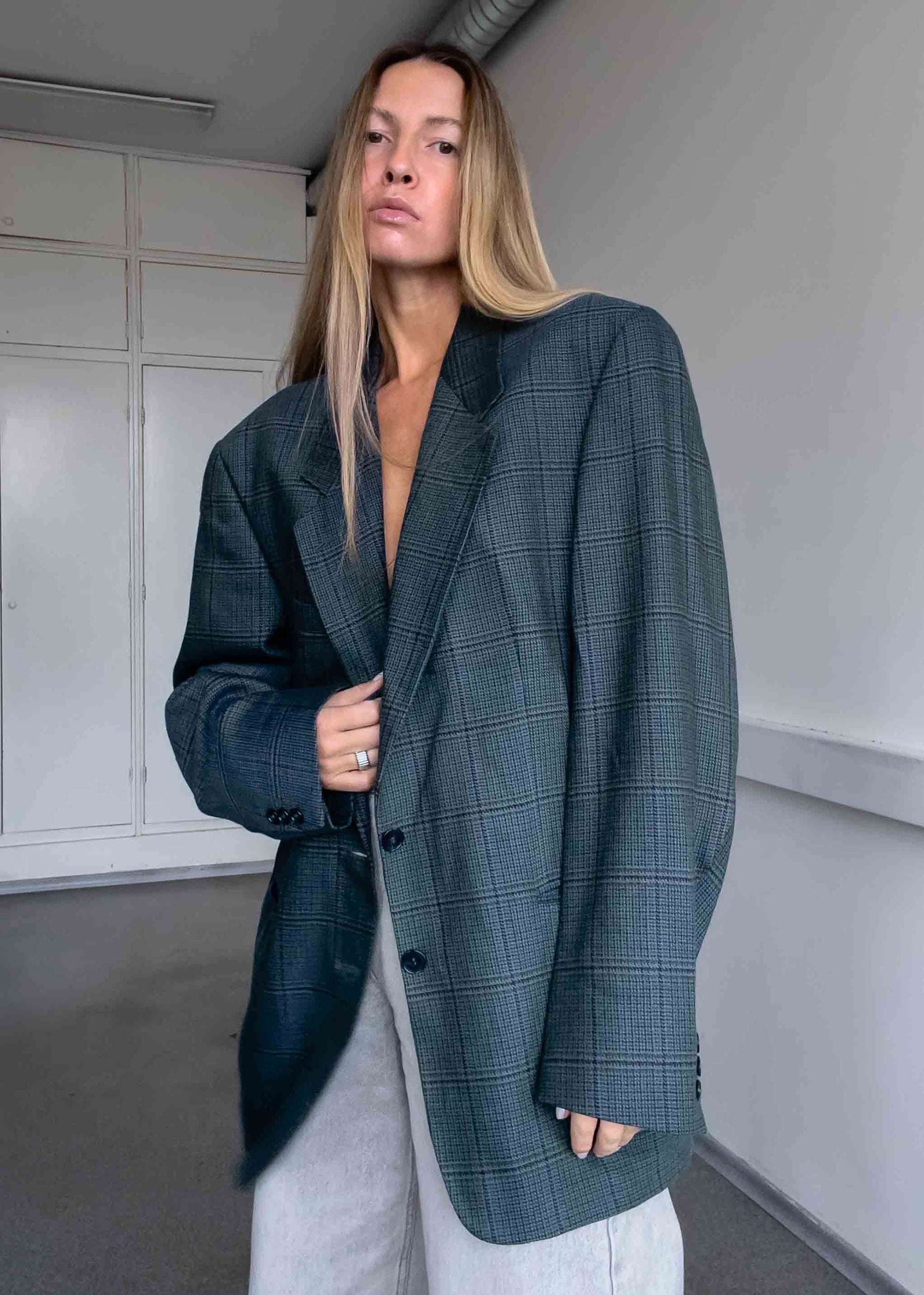 Vintage Green Checked 100% WOOL Oversized Blazer